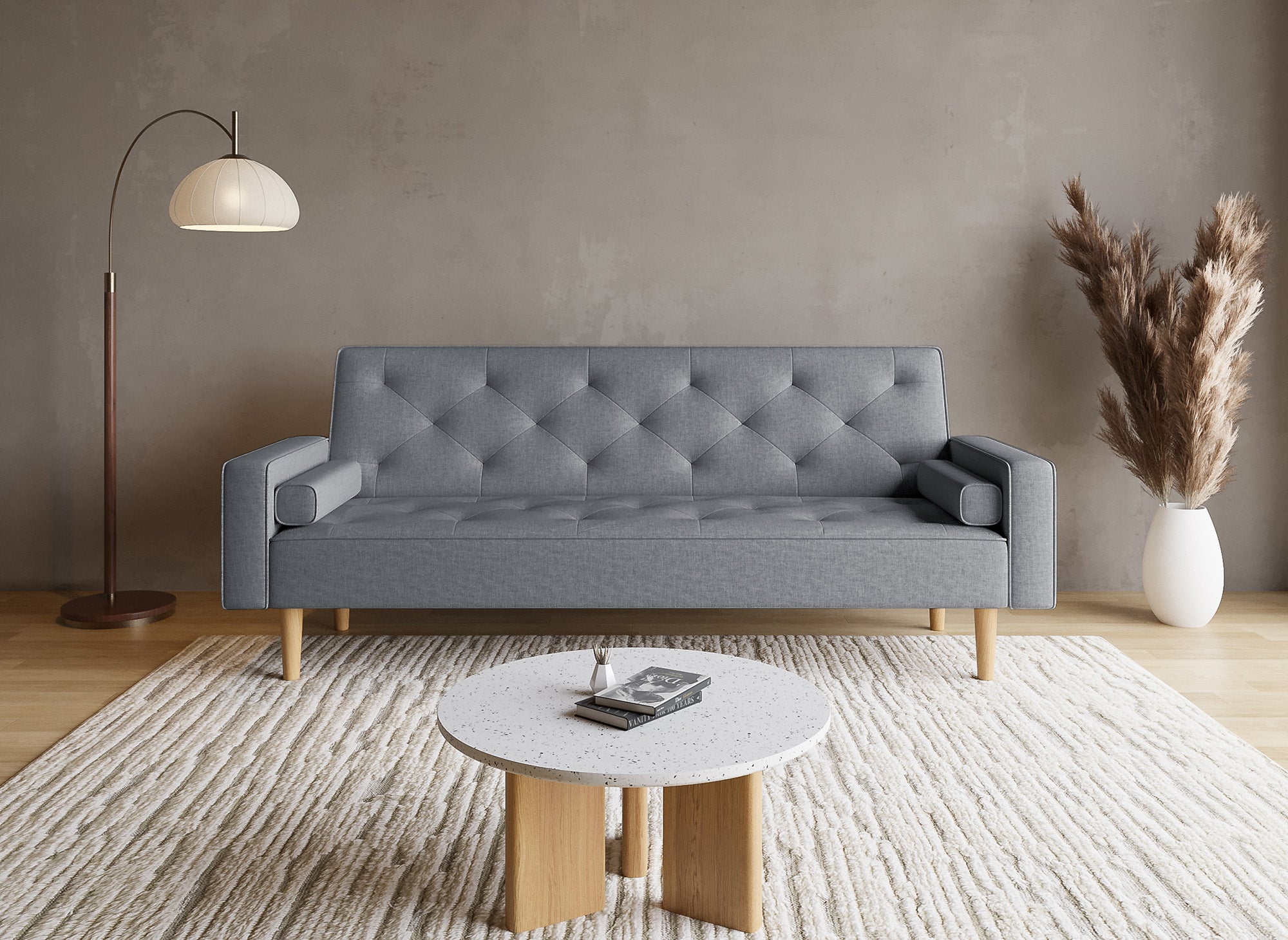 Sofá JAKARTA de tela gris oscuro con mecanismo clic-clac y patas de madera