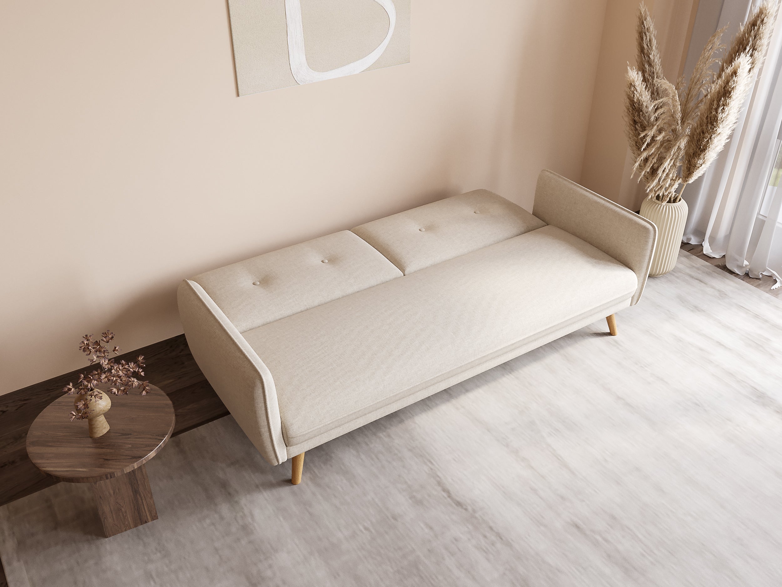 Sofá NATAL de tela beige con mecanismo clic-clac y patas de madera