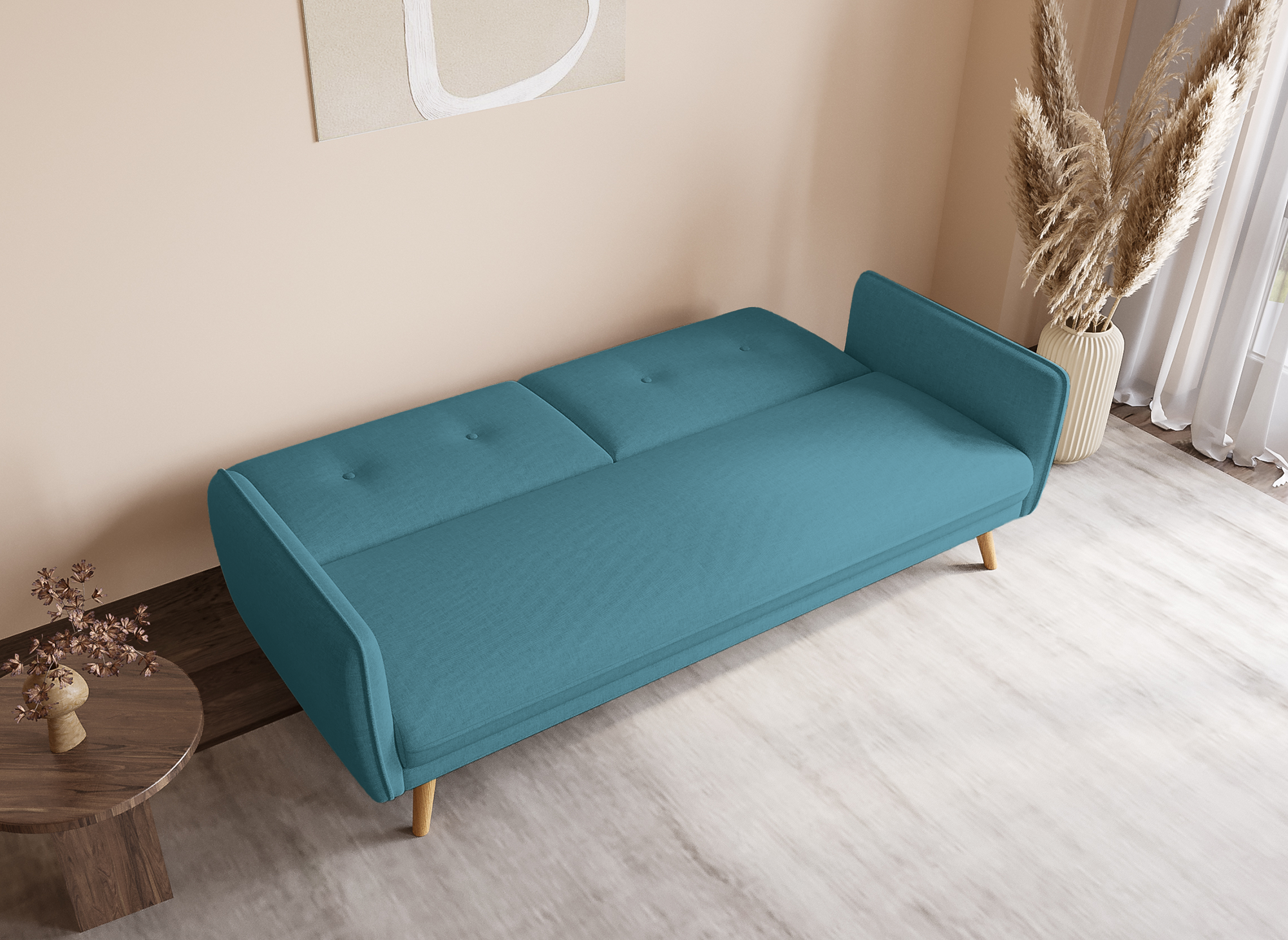 Sofá NATAL azul tapizado con mecanismo clic-clac y patas de madera