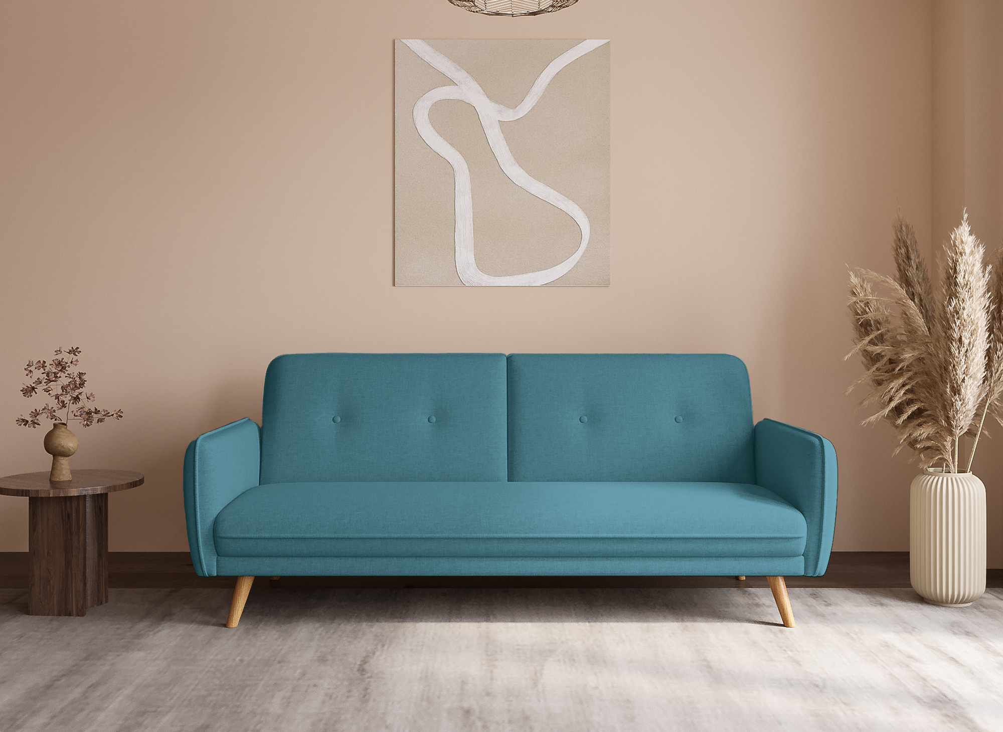 Sofá NATAL azul tapizado con mecanismo clic-clac y patas de madera