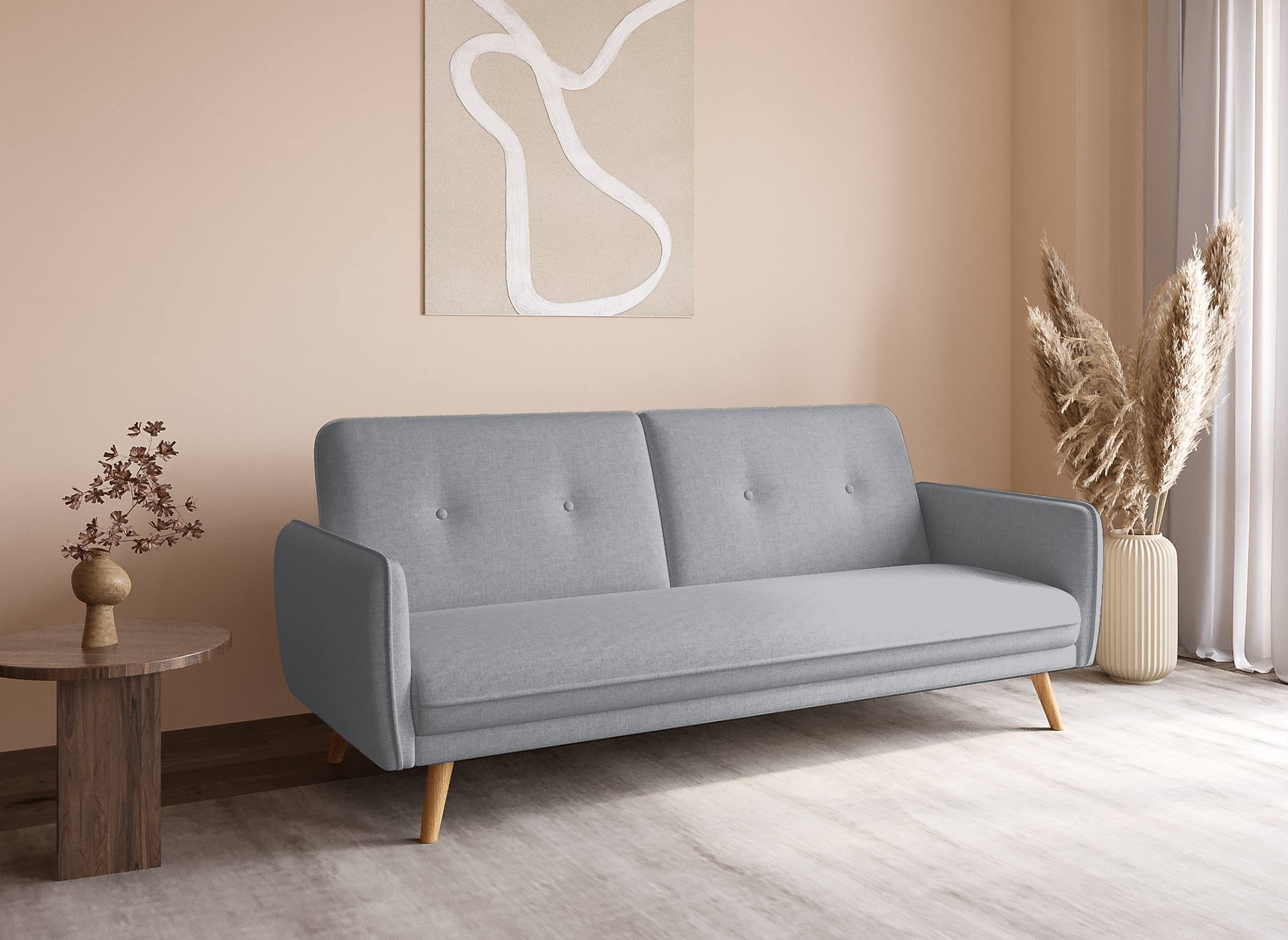 Sofá NATAL de tela gris claro con mecanismo clic-clac y patas de madera