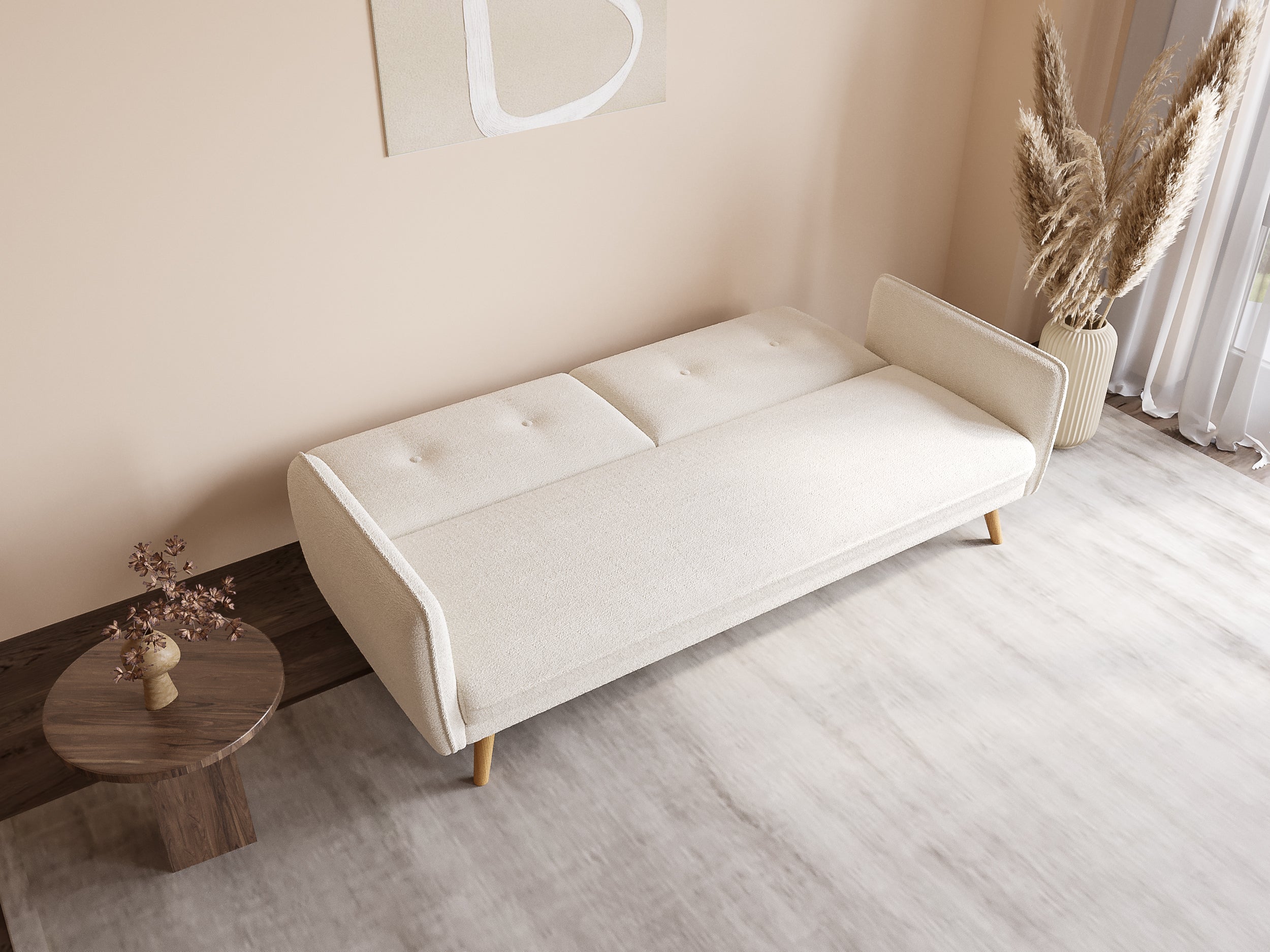 Sofá NATAL click-clack tapizado en tela bouclé color crudo con patas de madera