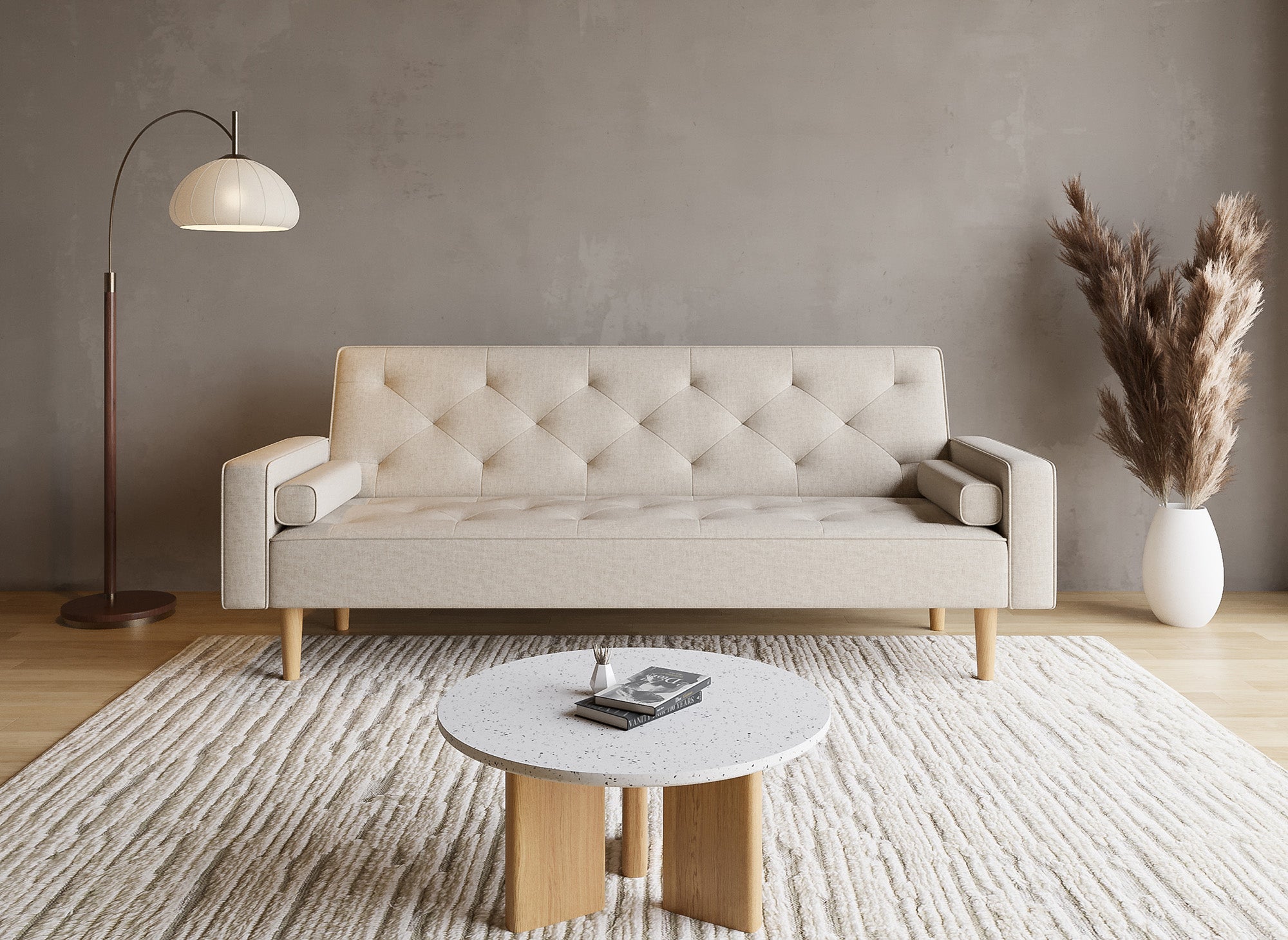 Sofá JAKARTA de tela beige con mecanismo clic-clac y patas de madera
