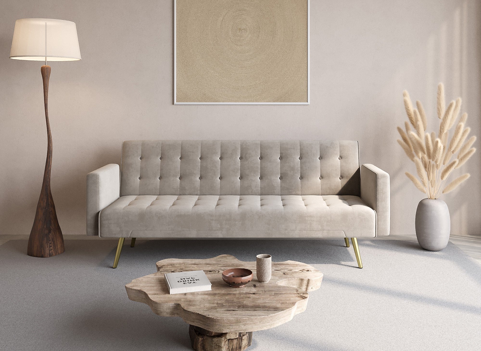 Sofá CHICAGO de terciopelo beige con mecanismo clic-clac y patas de metal dorado