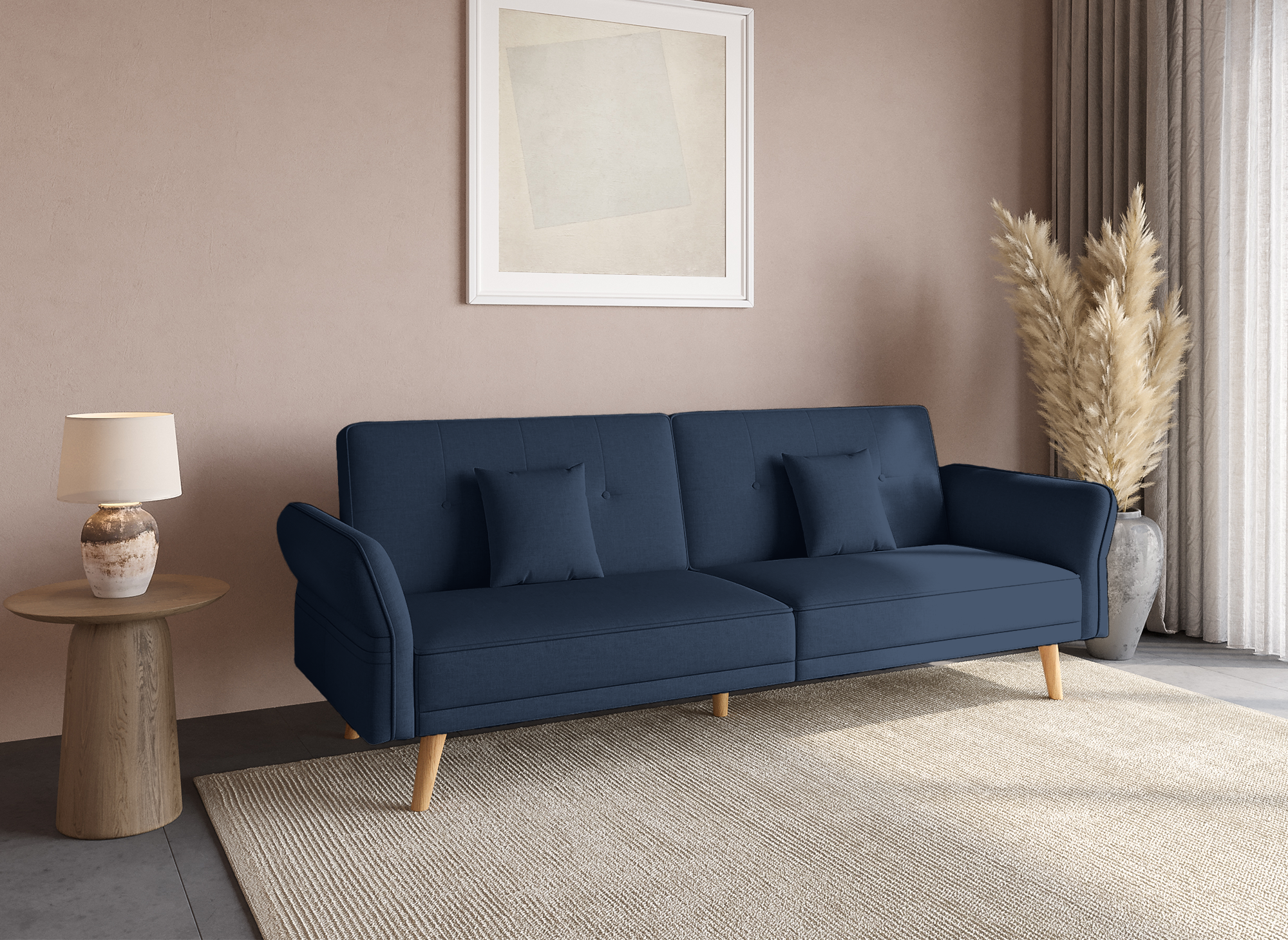 Sofá cama CHILI de 3 plazas con mecanismo clic-clac en tela azul