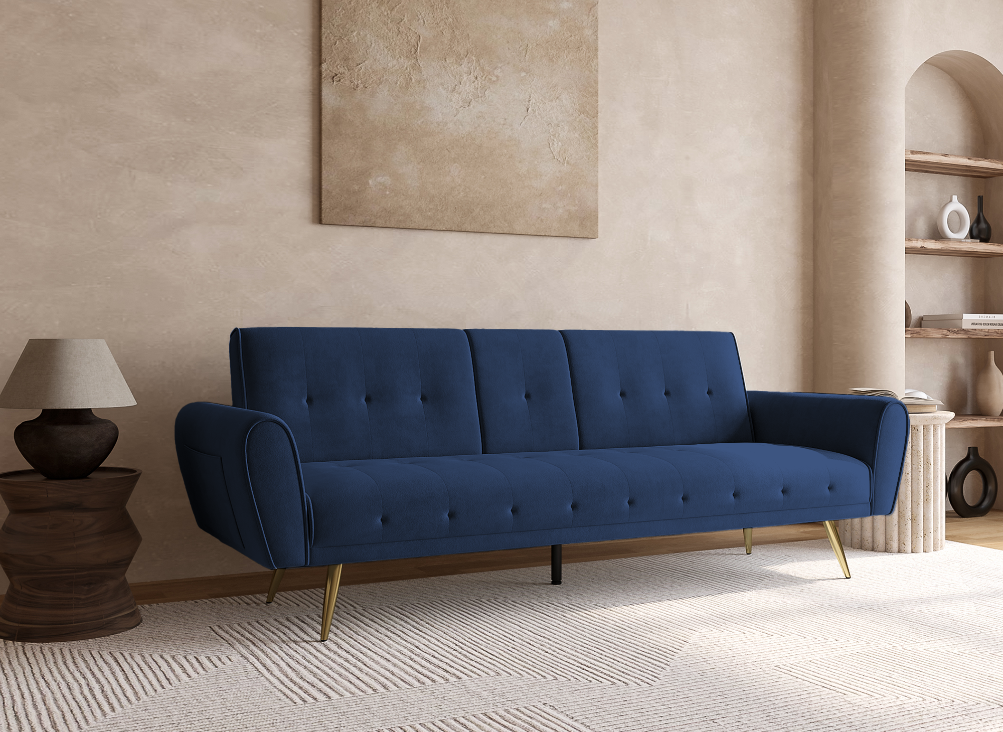 Sofá LIMA de terciopelo azul oscuro con mecanismo clic-clac y portavasos