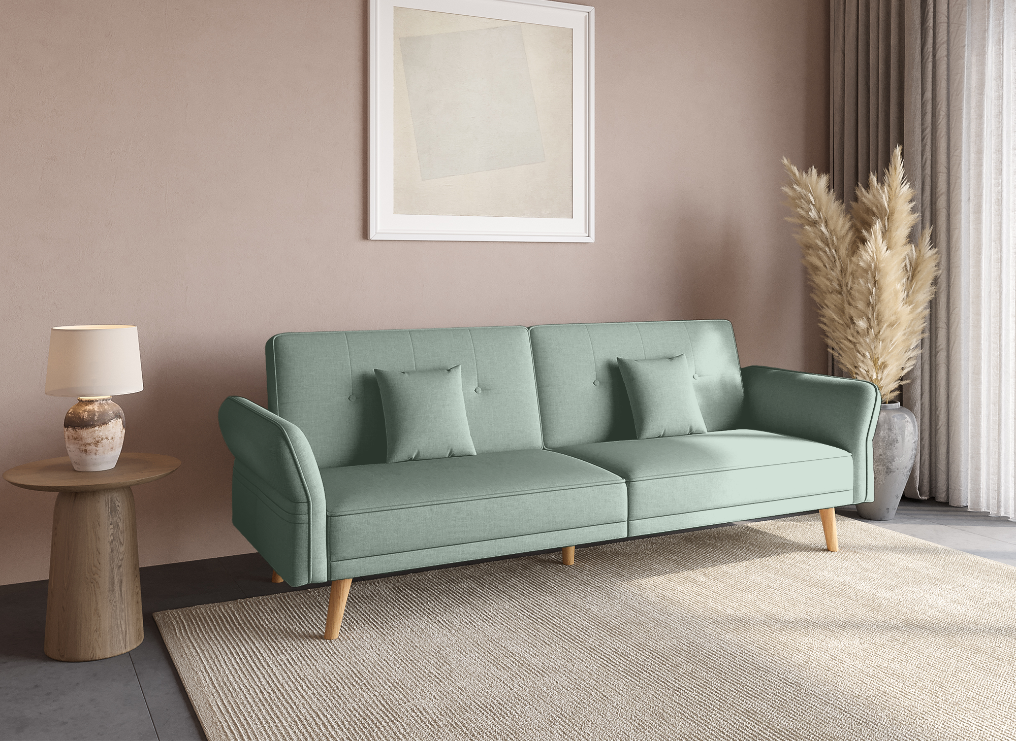 Sofá CHILI de 3 plazas con mecanismo clic-clac en tela verde agua