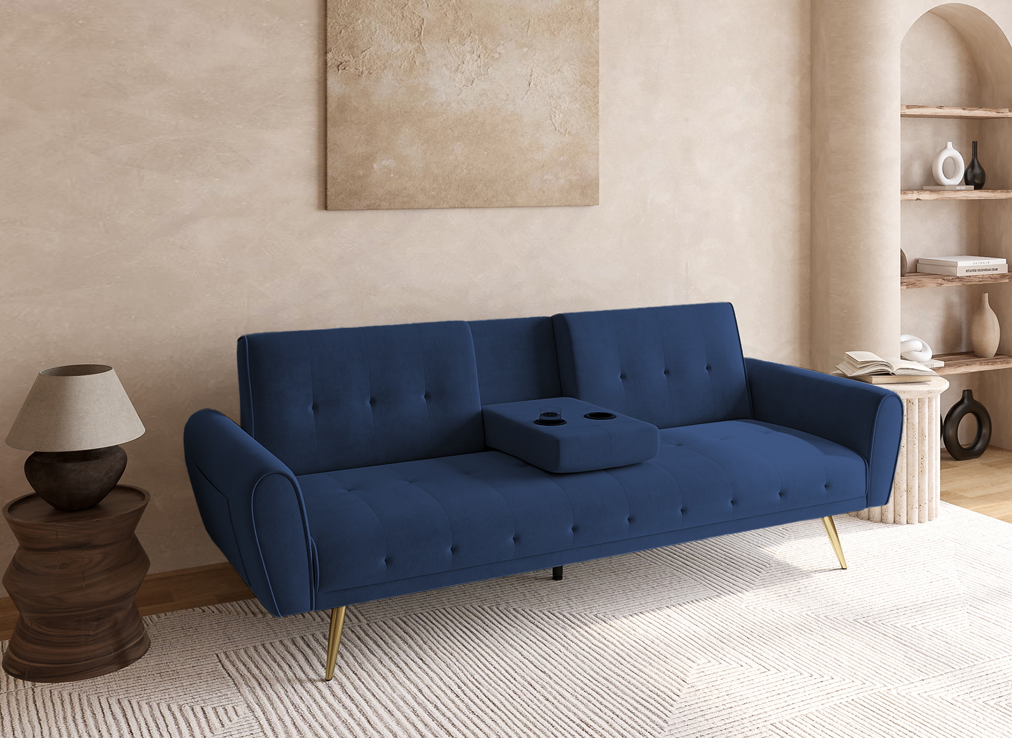 Sofá LIMA de terciopelo azul oscuro con mecanismo clic-clac y portavasos