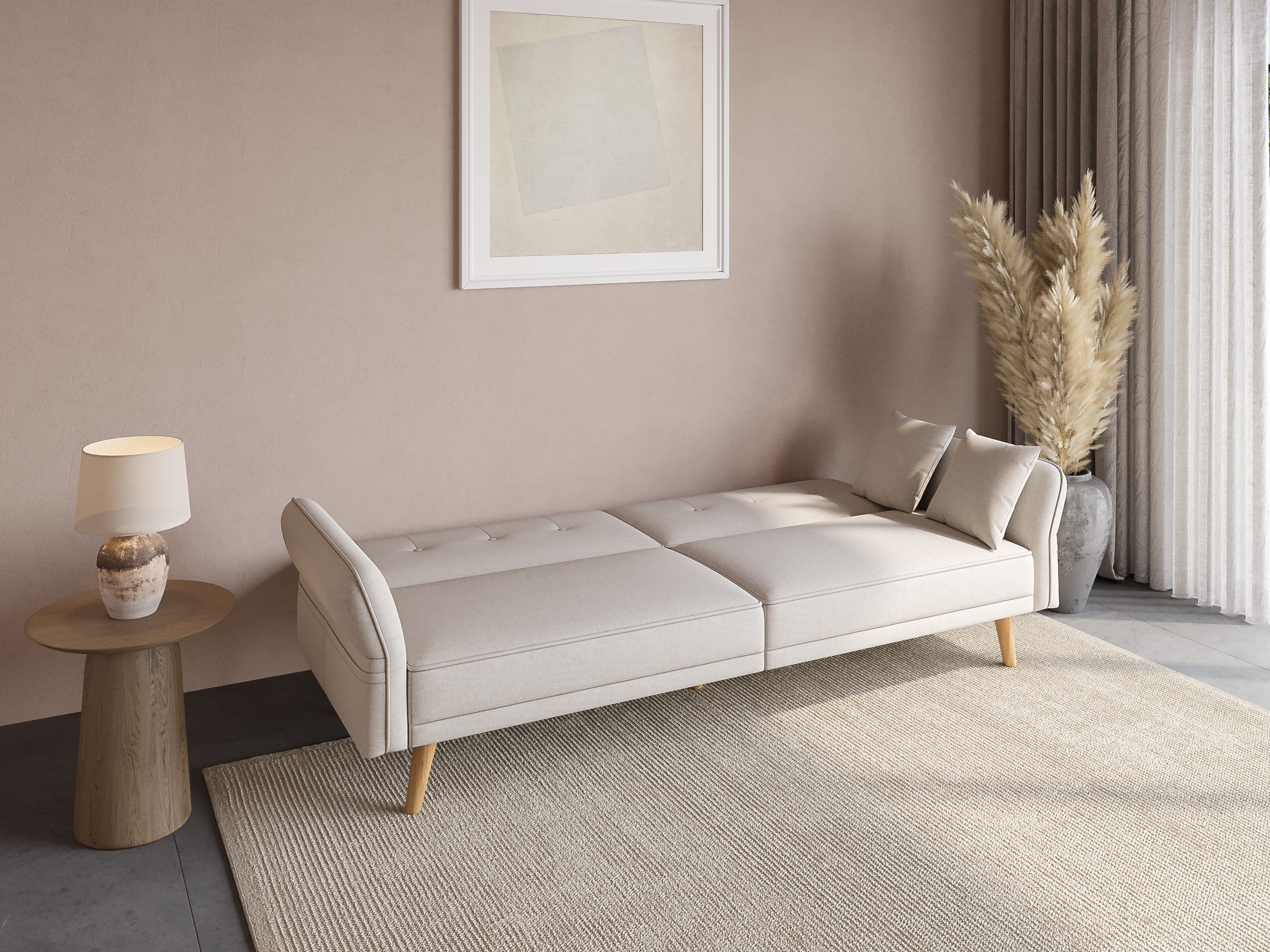 Sofá CHILI de 3 plazas con mecanismo clic-clac en tela bouclé color crudo