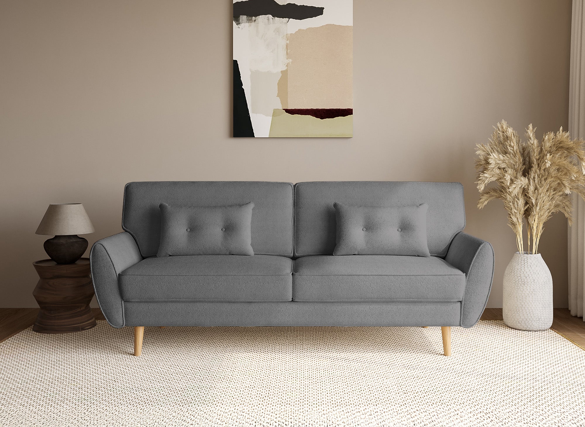 Sofá PANAMA click-clack tapizado en tela bouclé gris con patas de madera