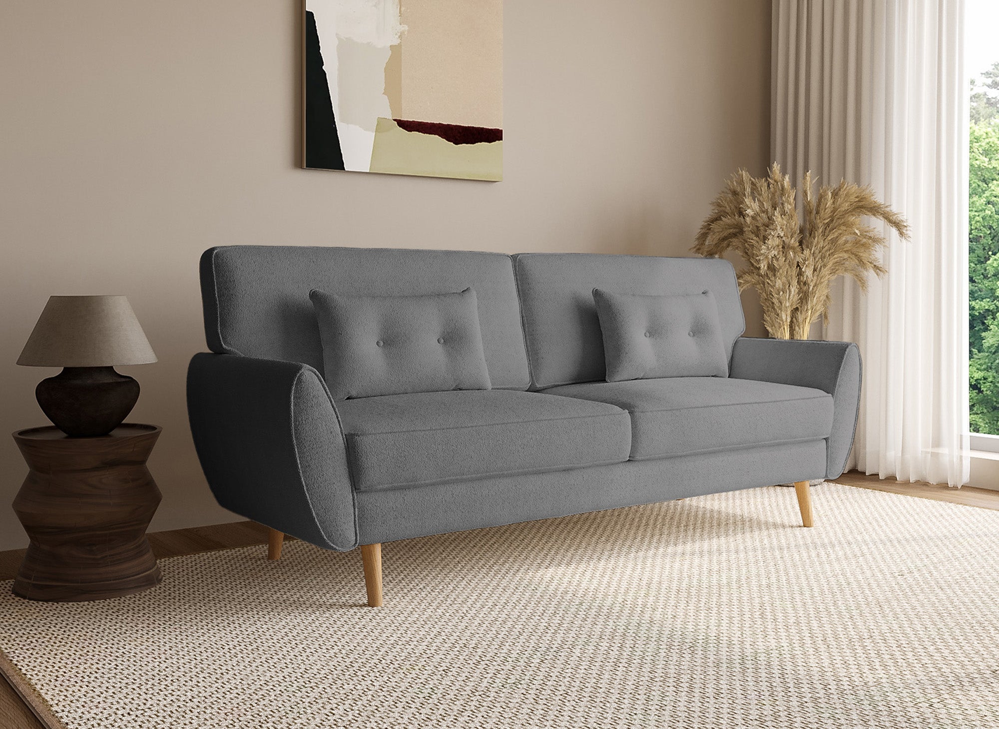 Sofá PANAMA click-clack tapizado en tela bouclé gris con patas de madera