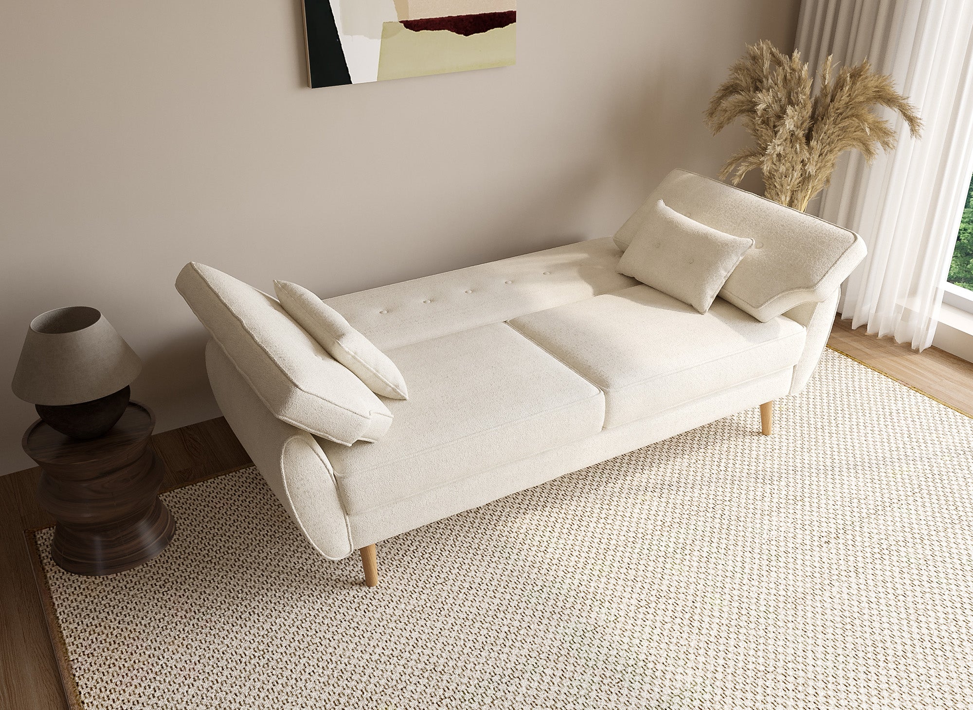 Sofá PANAMA click-clack tapizado en tela bouclé color crudo con patas de madera