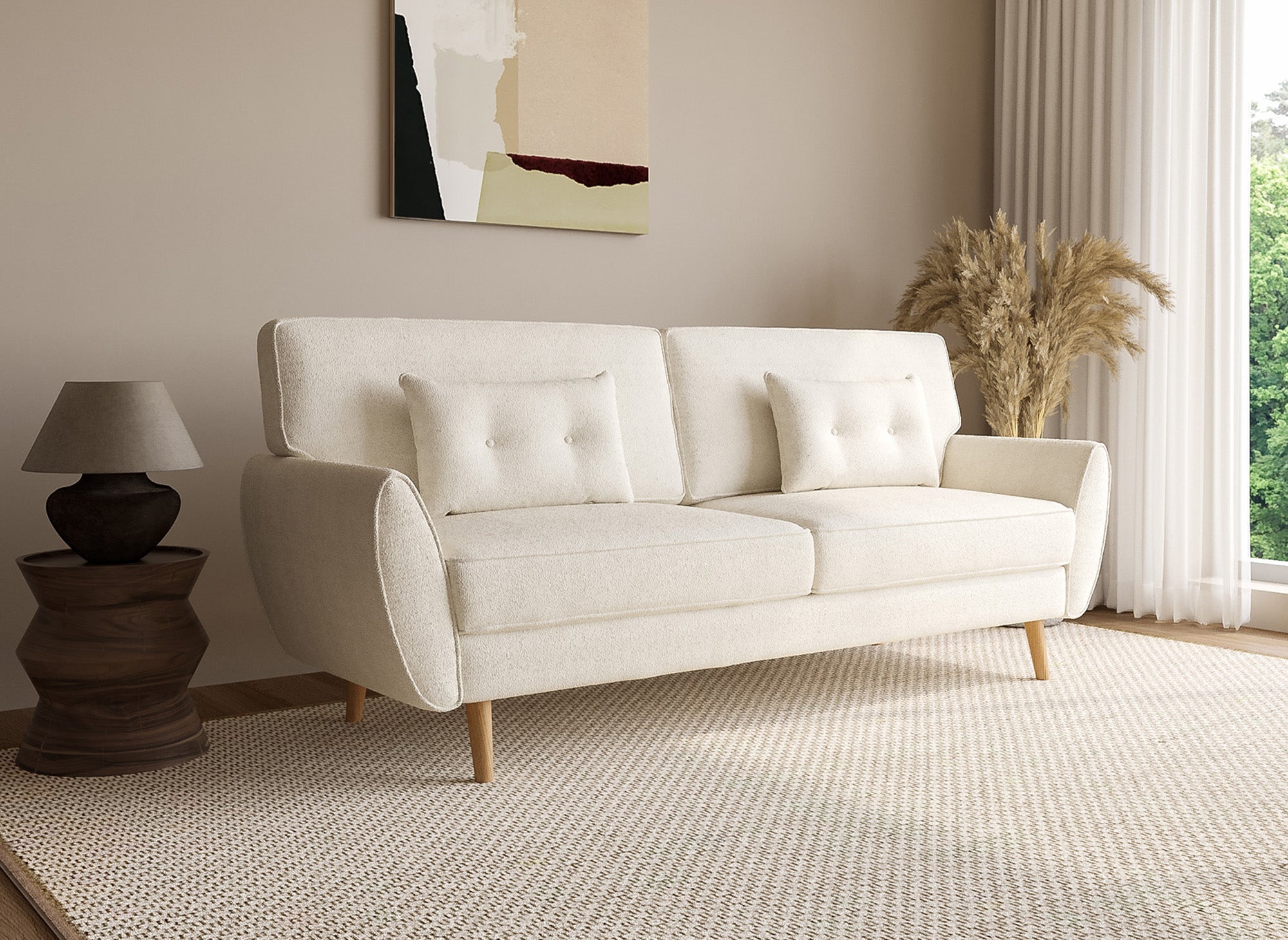 Sofá PANAMA click-clack tapizado en tela bouclé color crudo con patas de madera