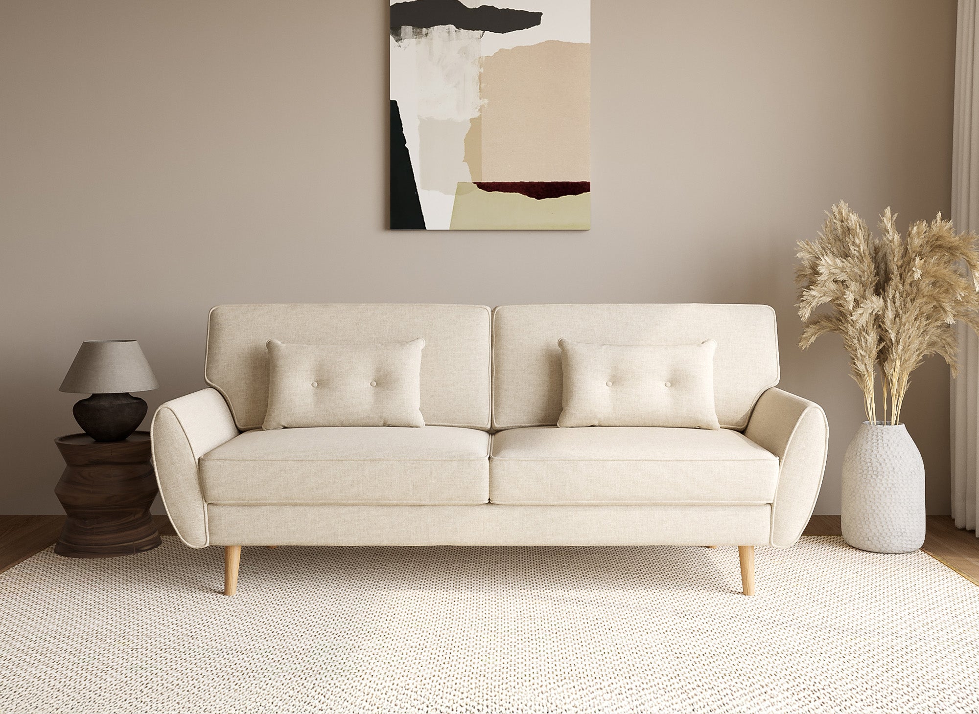 Sofá PANAMA de tela beige con mecanismo clic-clac y patas de madera