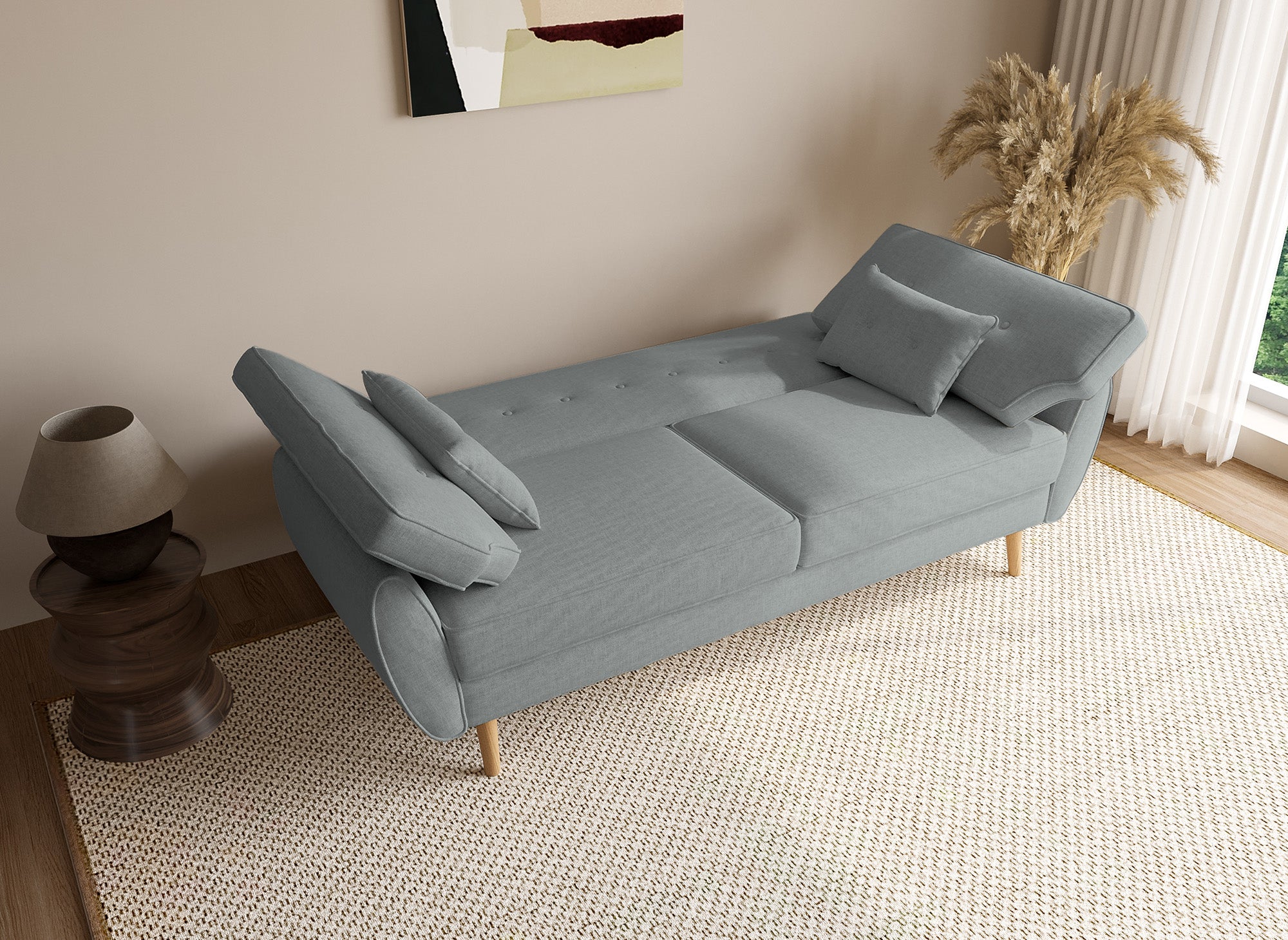 Sofá PANAMA de tela gris claro con mecanismo clic-clac y patas de madera