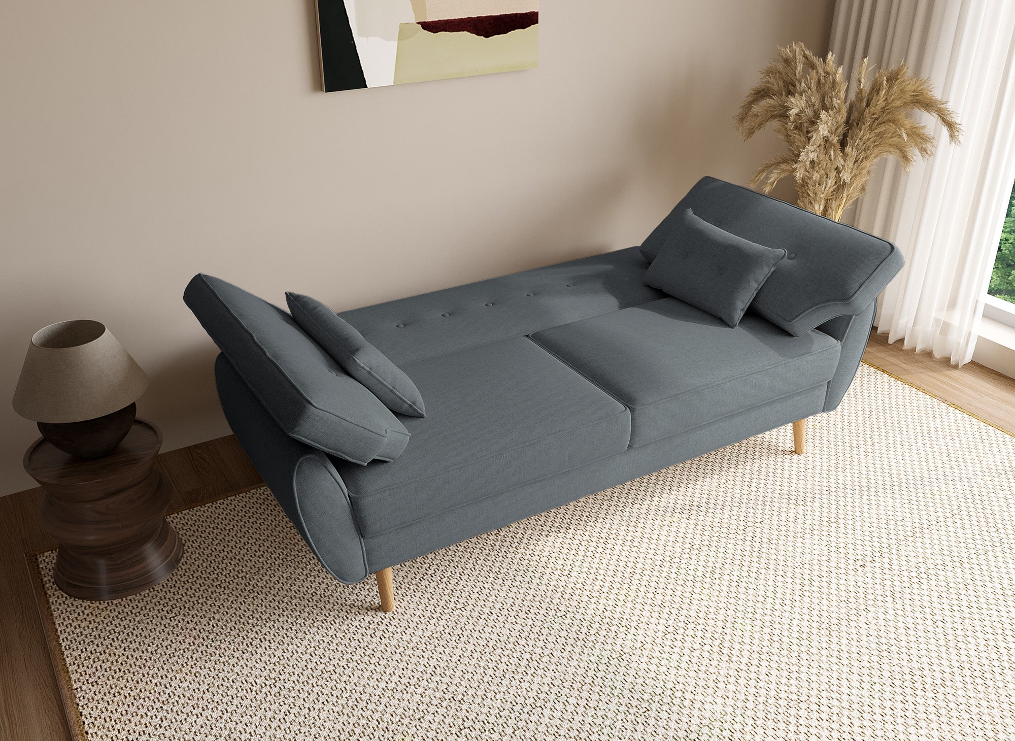 Sofá Panamá de tela gris oscuro con mecanismo clic-clac y patas de madera