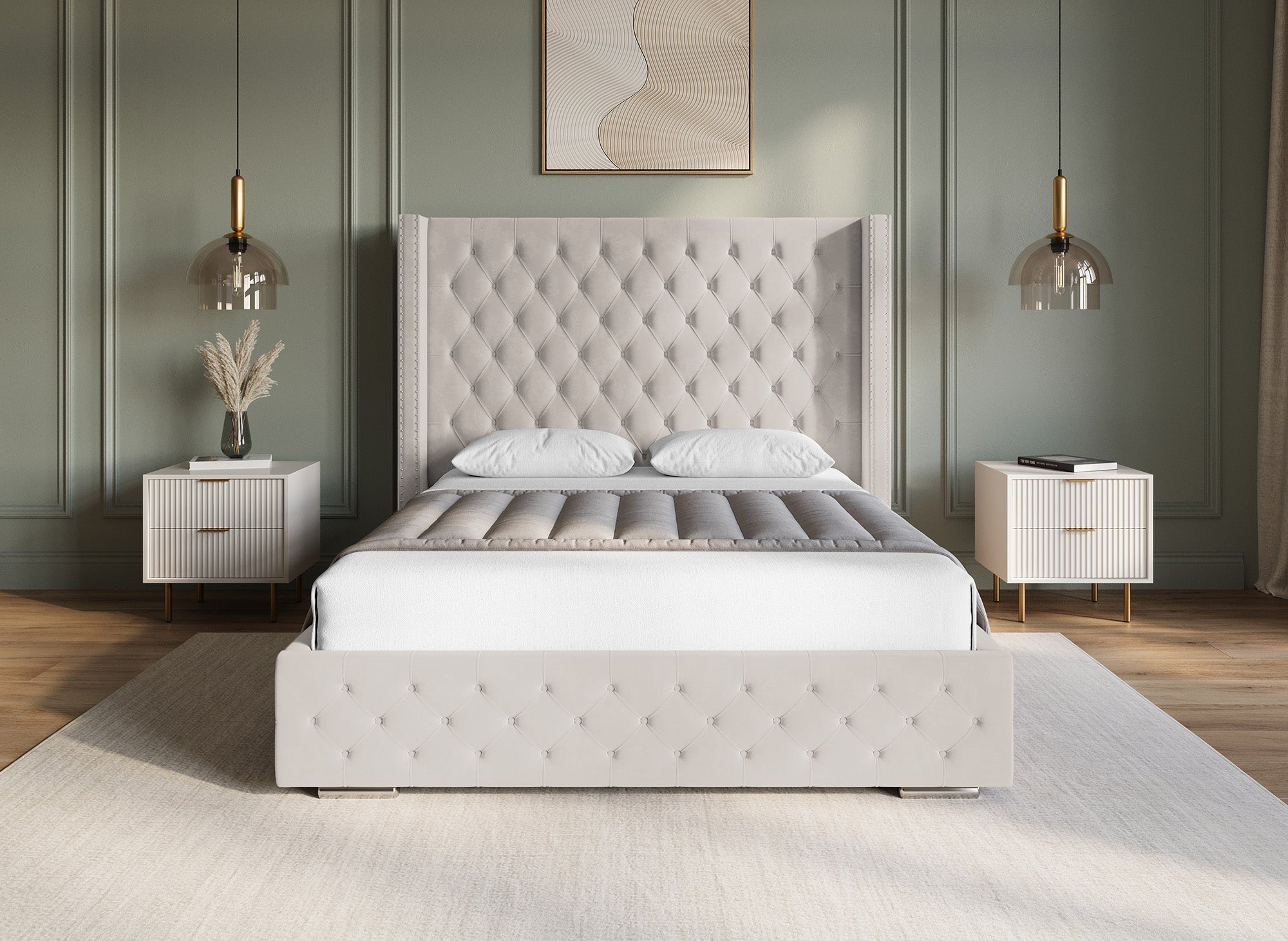 Cama de almacenaje Maxi de terciopelo beige de 160x200 cm