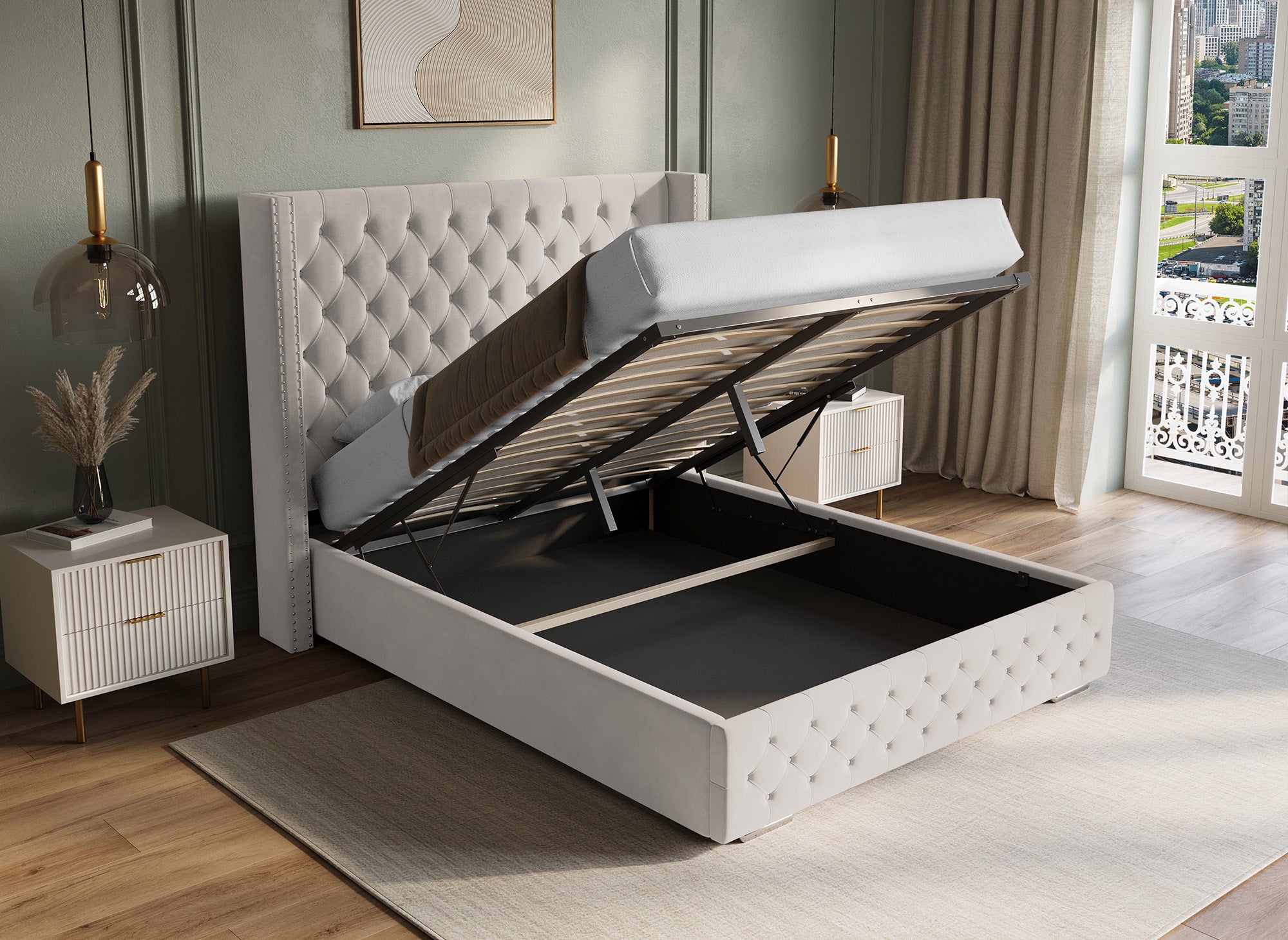 Cama de almacenaje Maxi de terciopelo beige de 160x200 cm