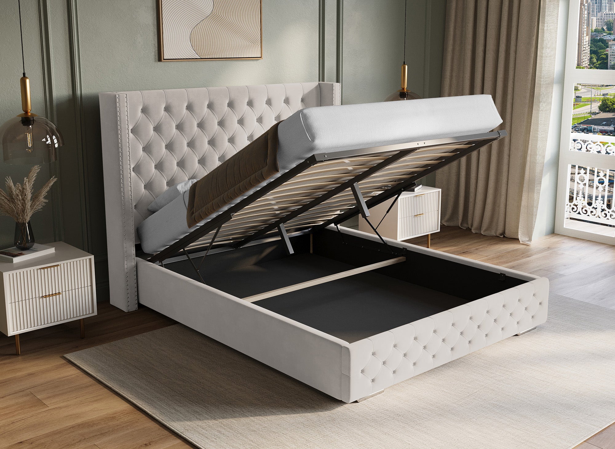 Cama de almacenaje Maxi de terciopelo beige de 180x200 cm