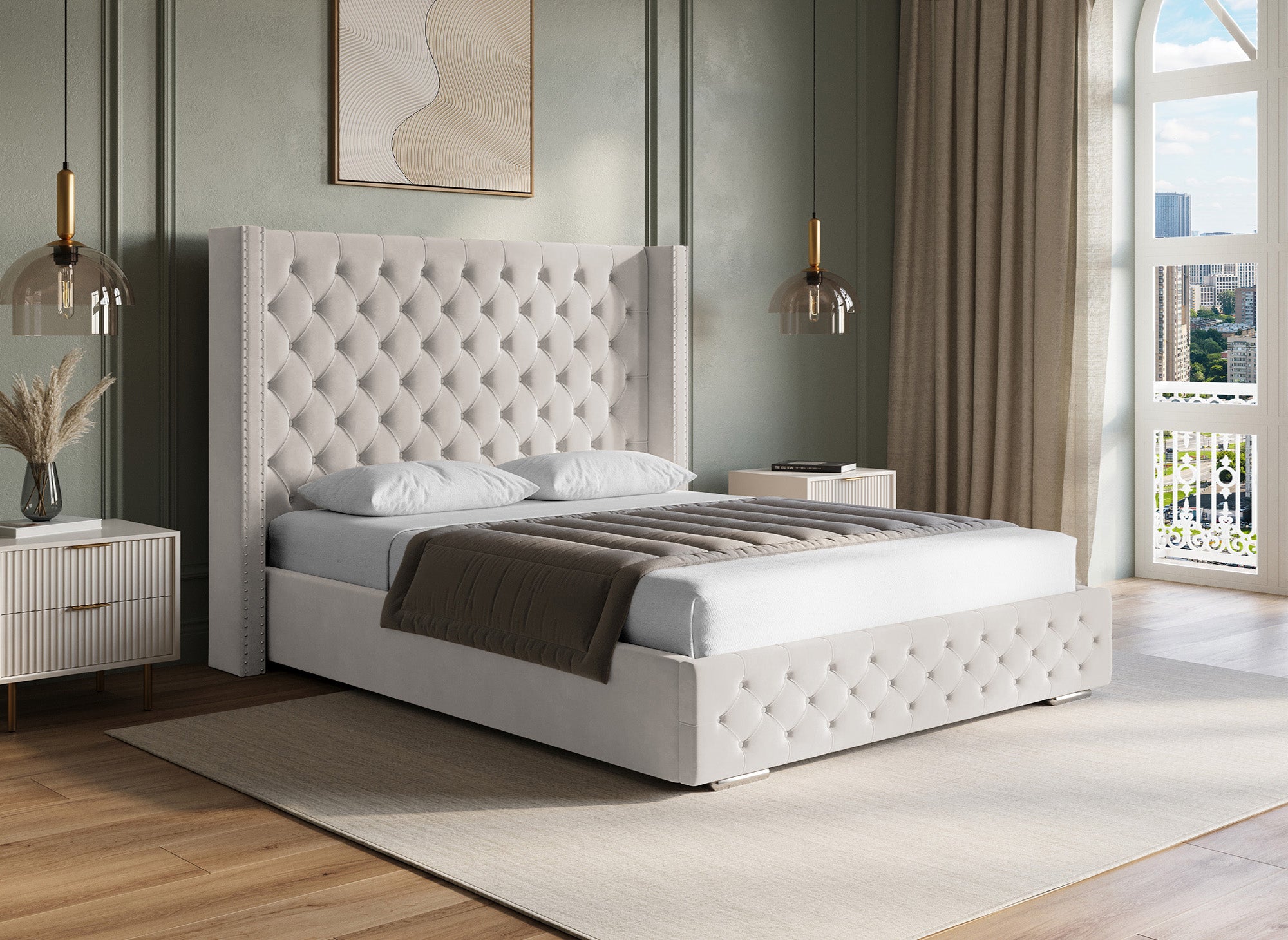 Cama de almacenaje Maxi de terciopelo beige de 180x200 cm