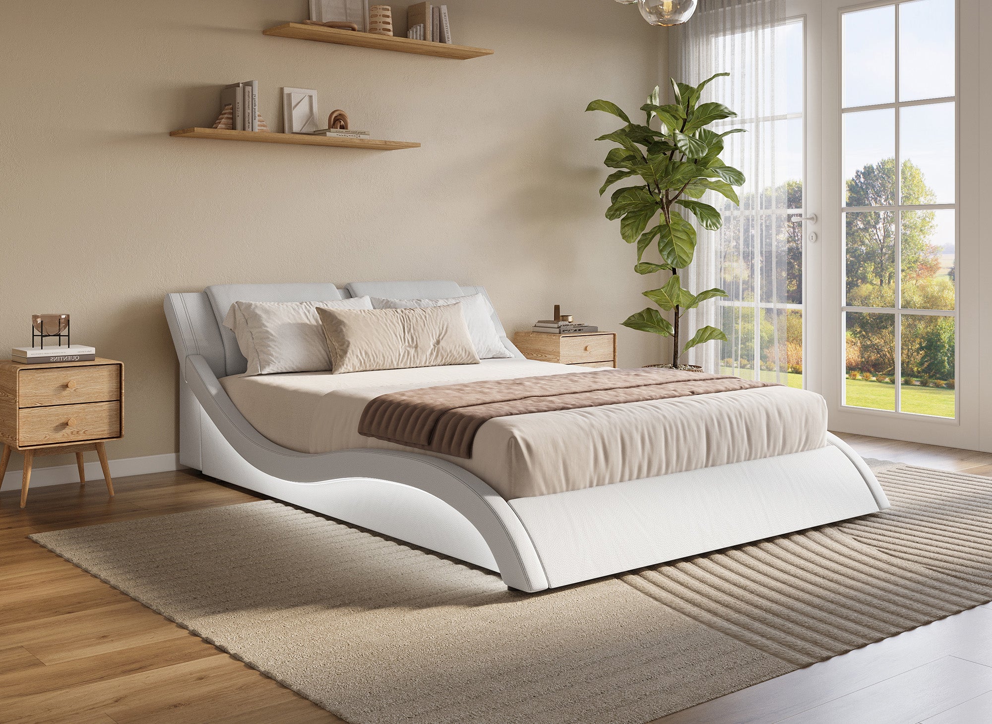 Cama ZEDA de piel sintética blanca con iluminación LED, 160x200 cm