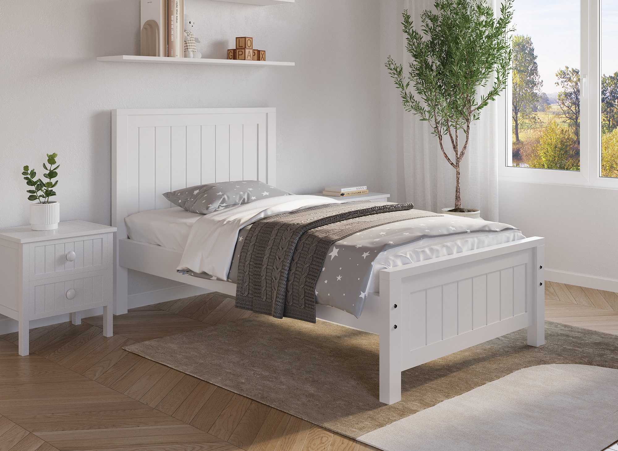 Cama individual Kenny de madera blanca, 90x190 cm