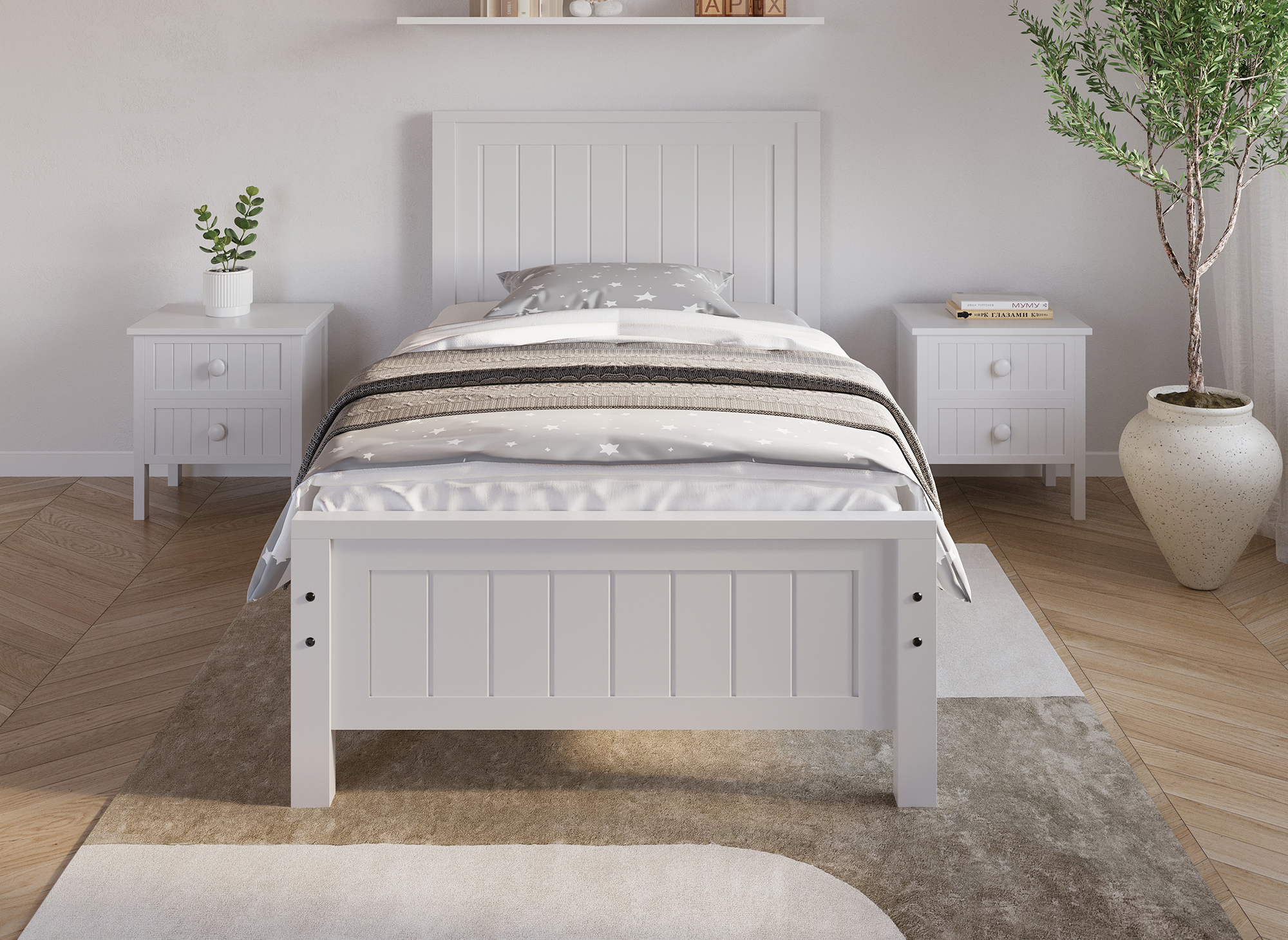 Cama individual Kenny de madera blanca, 90x190 cm