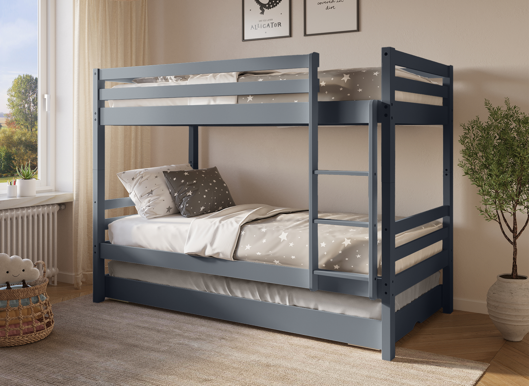 Litera nido LEOPAUL de madera gris de 90 x 190 cm con almacenaje extraíble para 3 personas