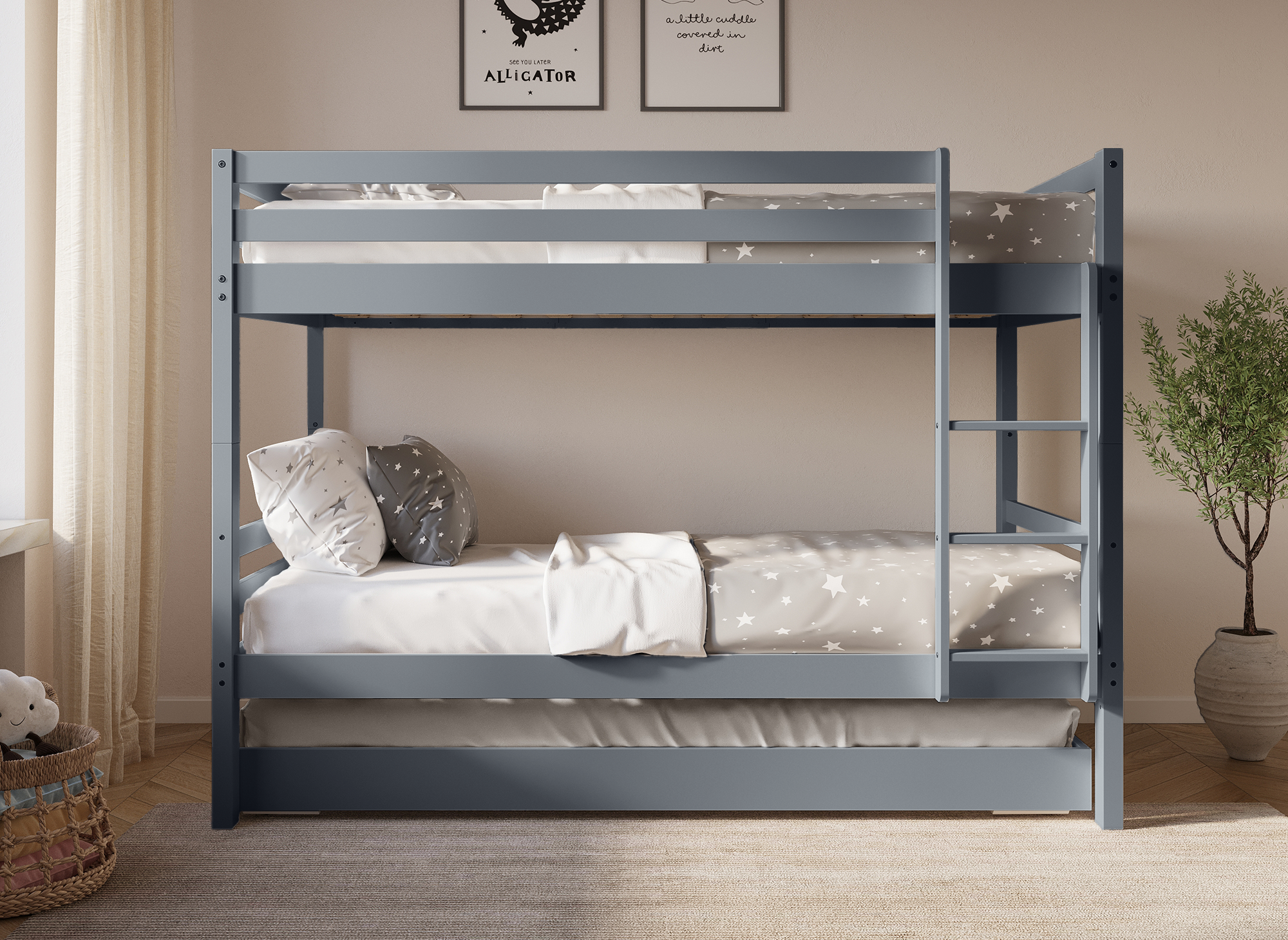 Litera nido LEOPAUL de madera gris de 90 x 190 cm con almacenaje extraíble para 3 personas