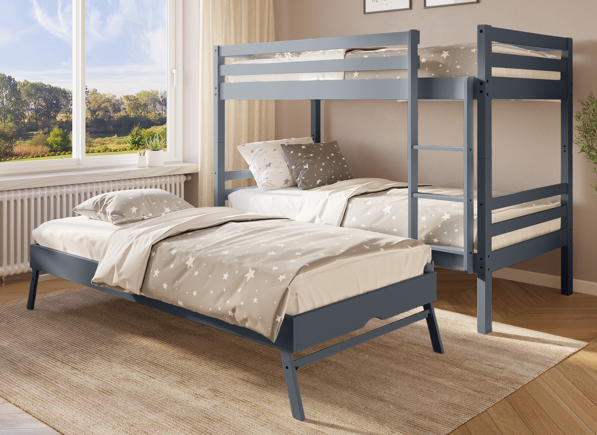 Litera nido LEOPAUL de madera gris de 90 x 190 cm con almacenaje extraíble para 3 personas