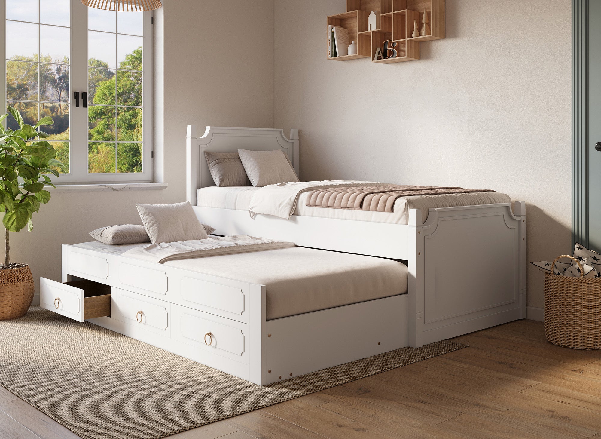 Cama nido PAULINE con cajones en madera blanca, 90 x 190 cm