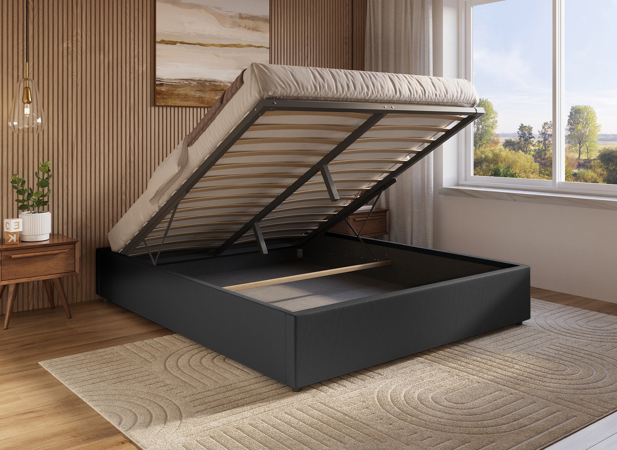 Cama abatible LIZBAN de 180x200 cm en piel sintética negra con almacenaje