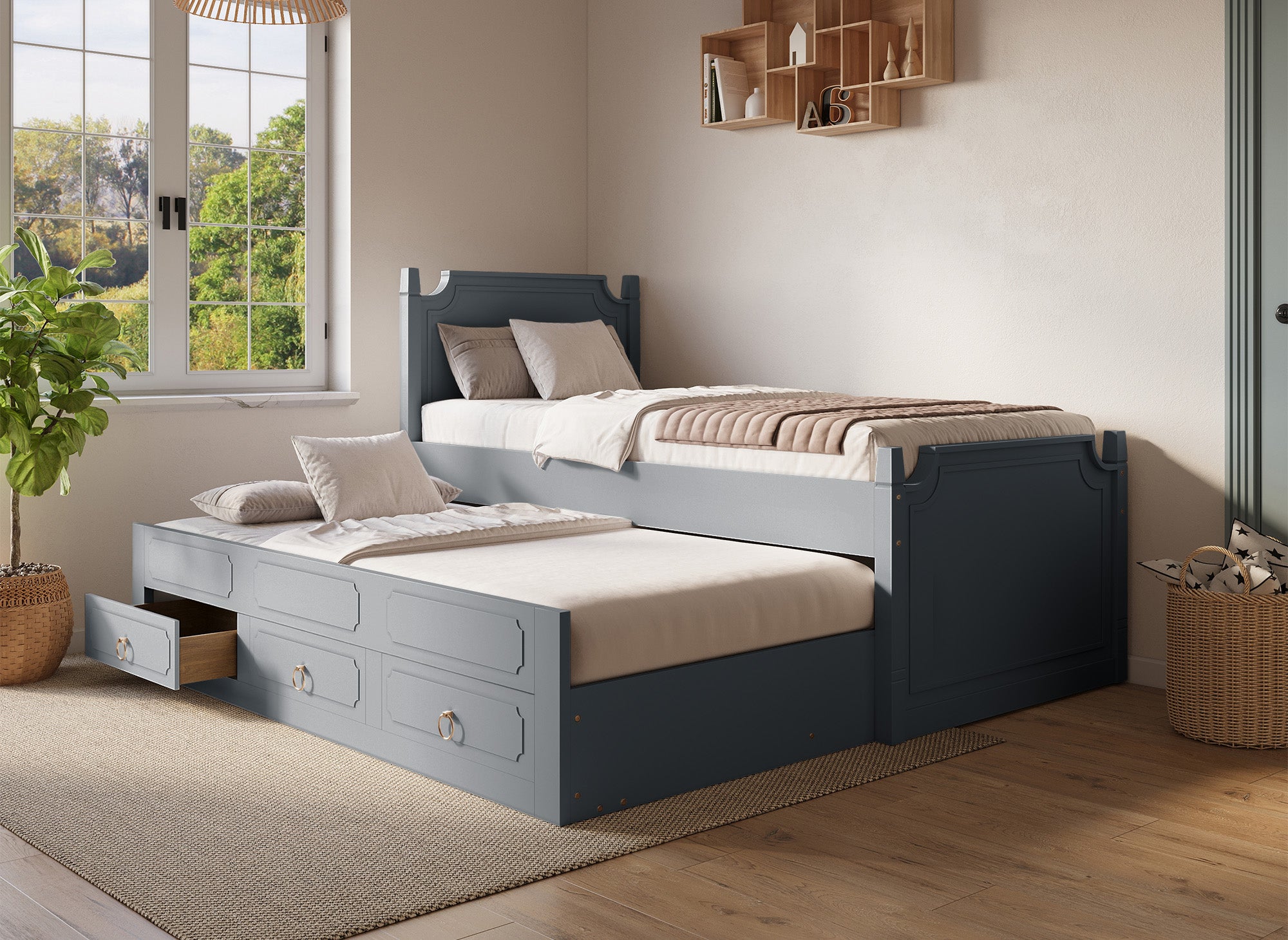 Cama nido PAULINE con cajones en madera gris, 90 x 190 cm