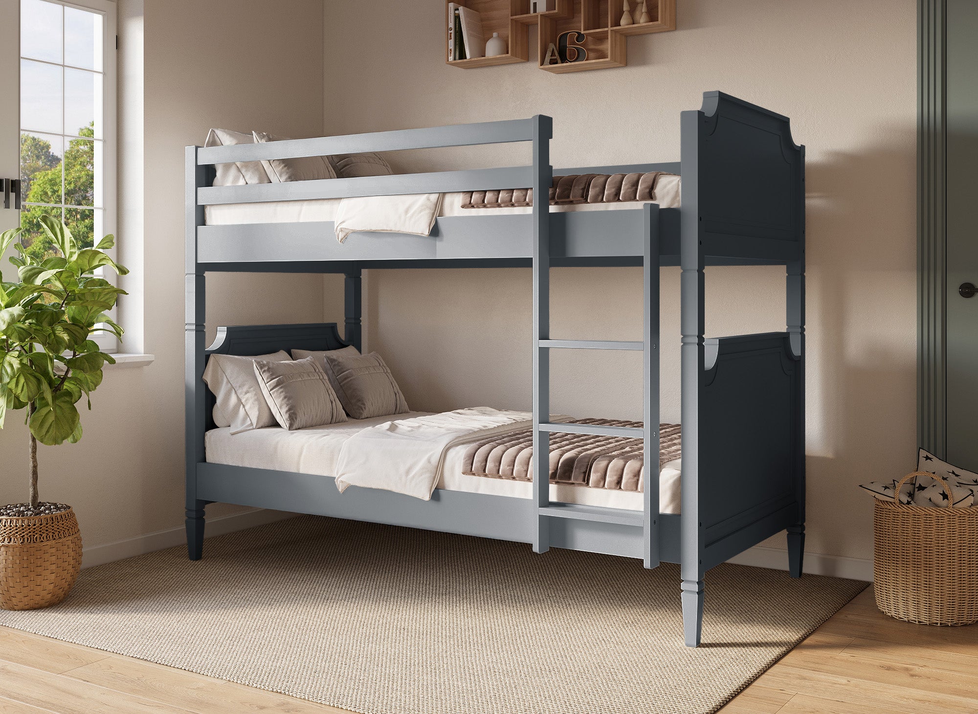 Litera separable de madera gris PAULINE de 90 x 190 cm