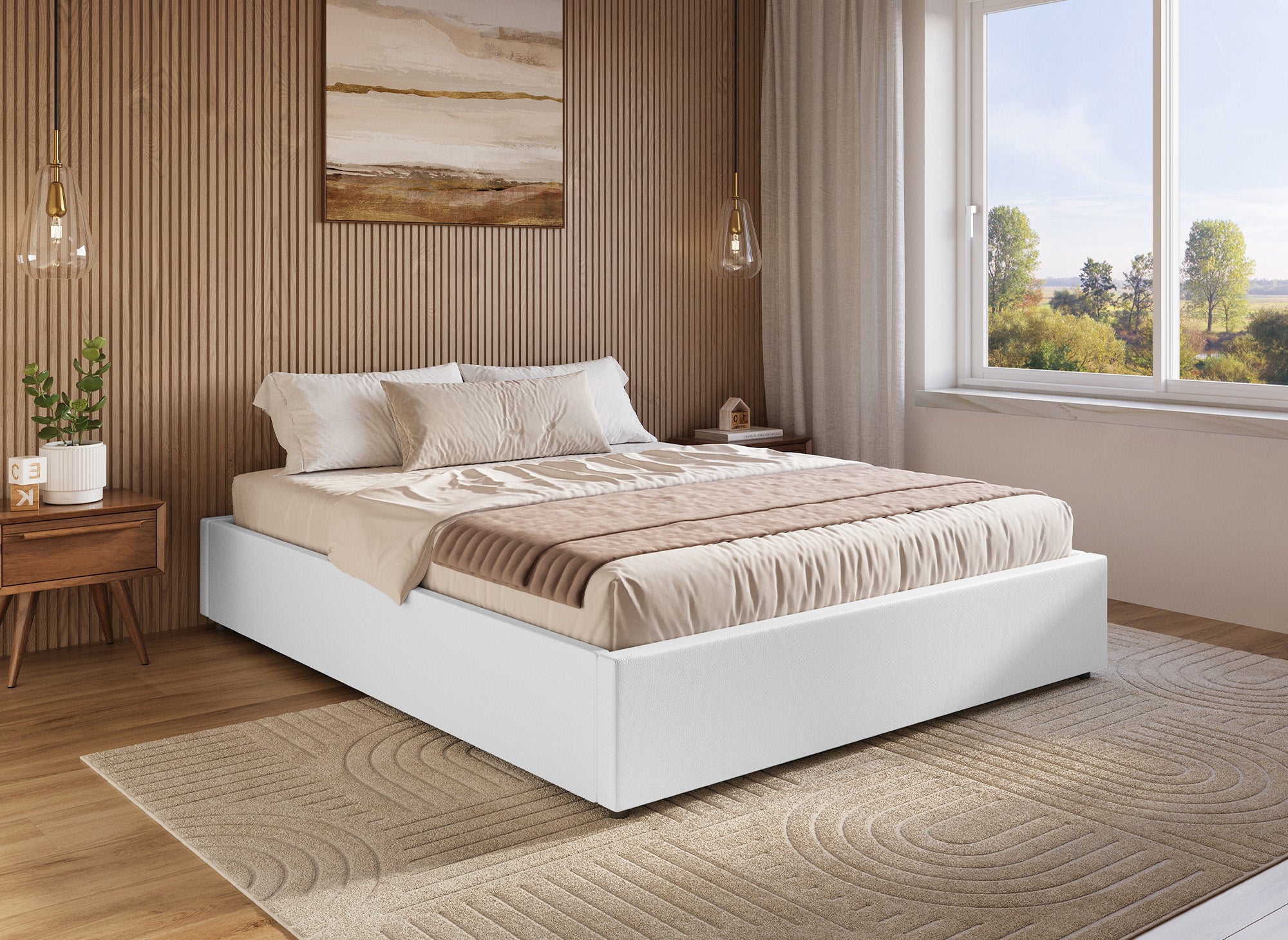 Cama abatible LIZBAN de 140x190 cm en piel sintética blanca con almacenaje