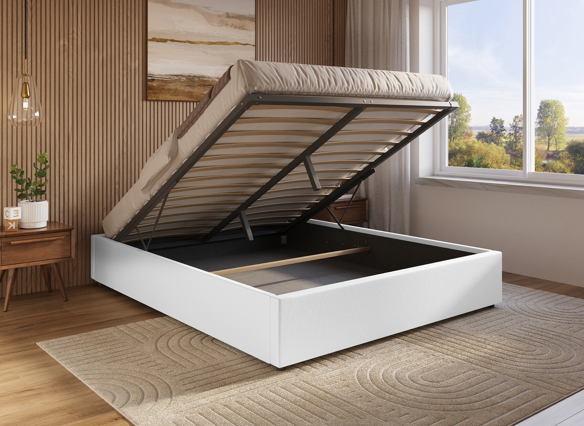 Cama abatible LIZBAN de 180x200 cm en piel sintética blanca con almacenaje