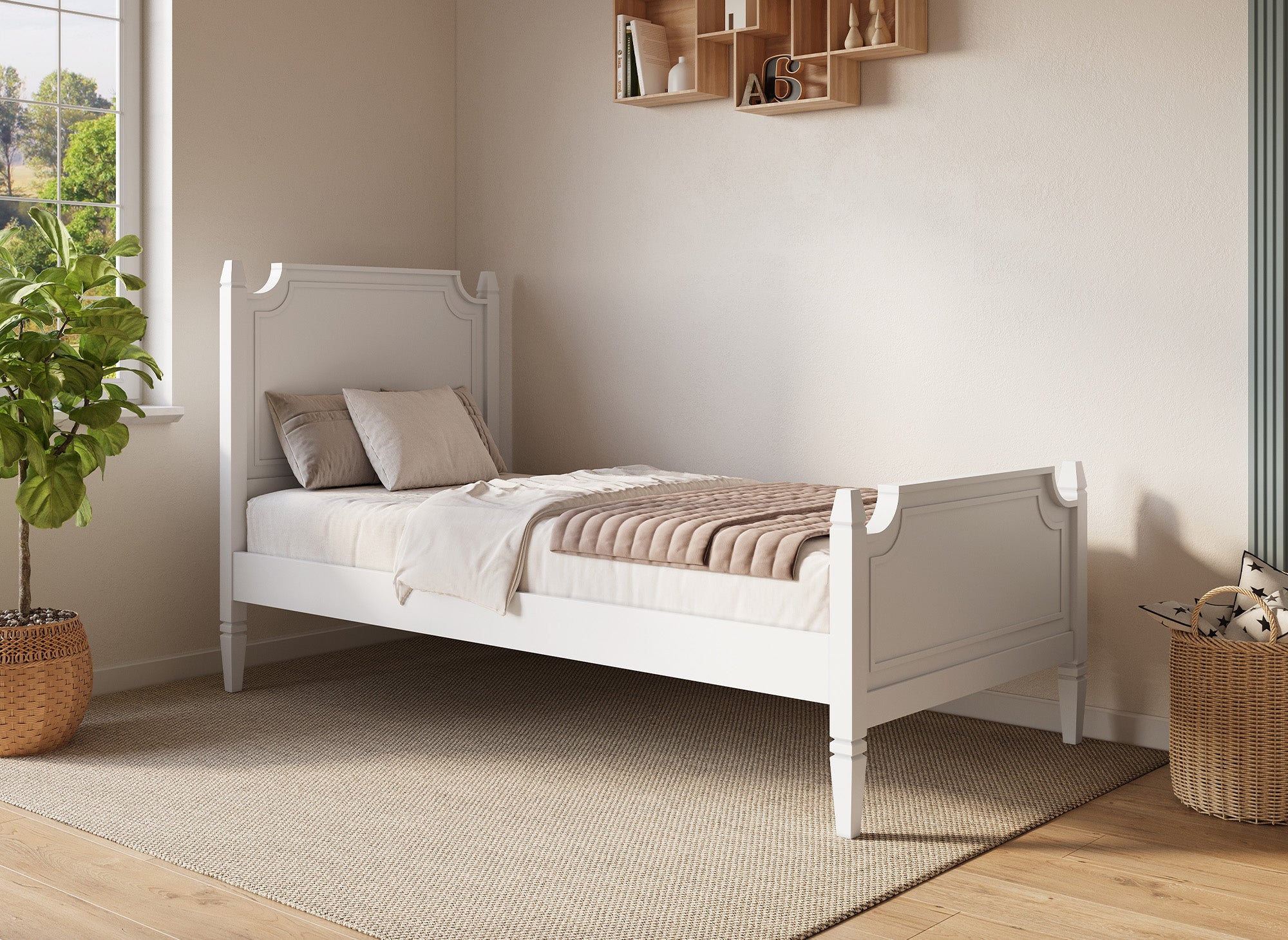 Cama individual PAULINE en madera blanca, 90 x 190 cm