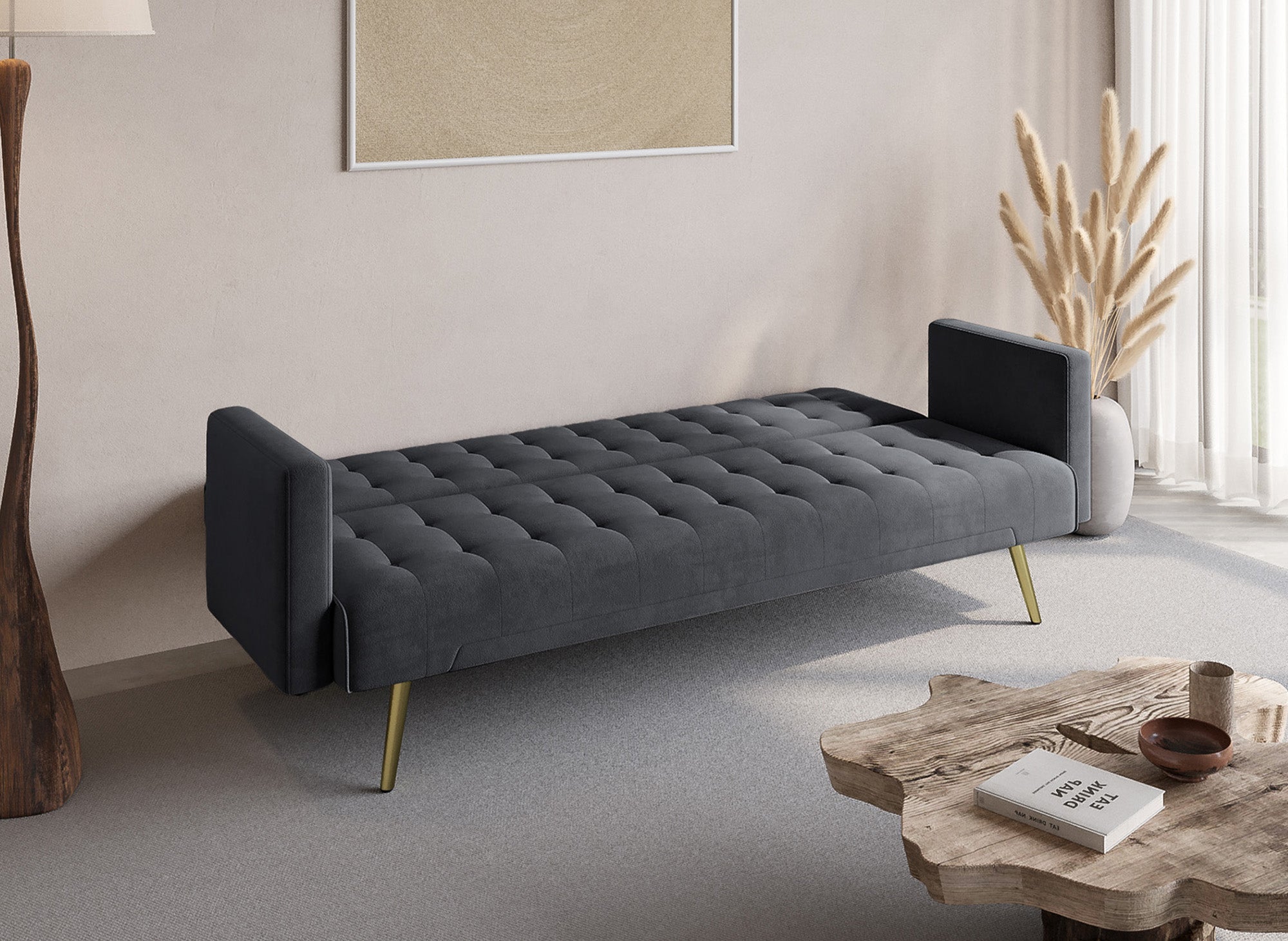 Sofá CHICAGO de terciopelo gris oscuro con mecanismo clic-clac y patas de metal dorado