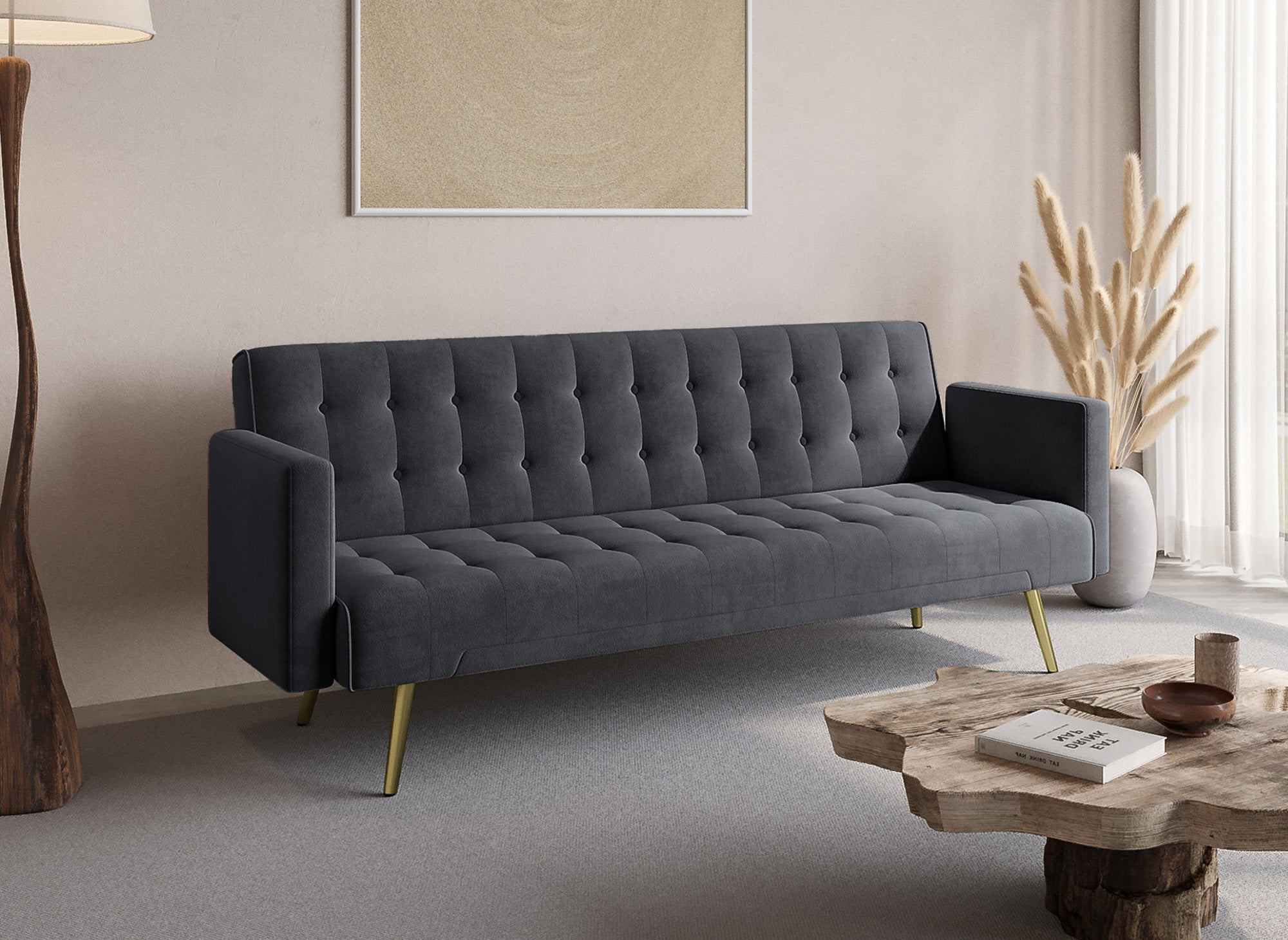 Sofá CHICAGO de terciopelo gris oscuro con mecanismo clic-clac y patas de metal dorado