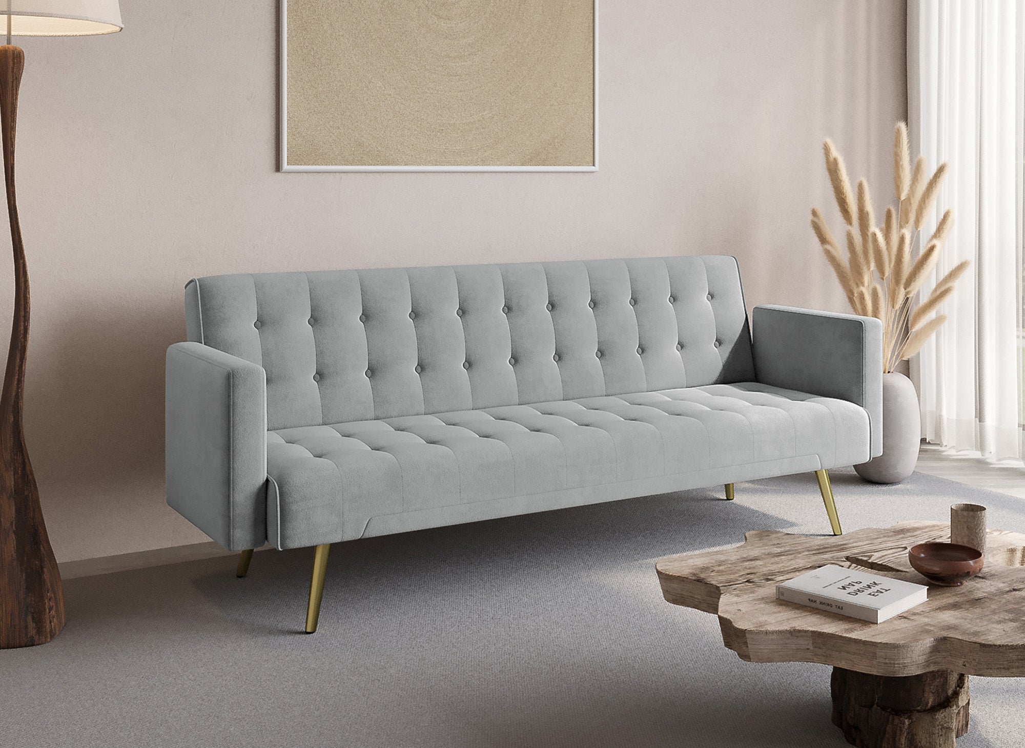 Sofá CHICAGO de terciopelo gris con mecanismo clic-clac y patas de metal dorado