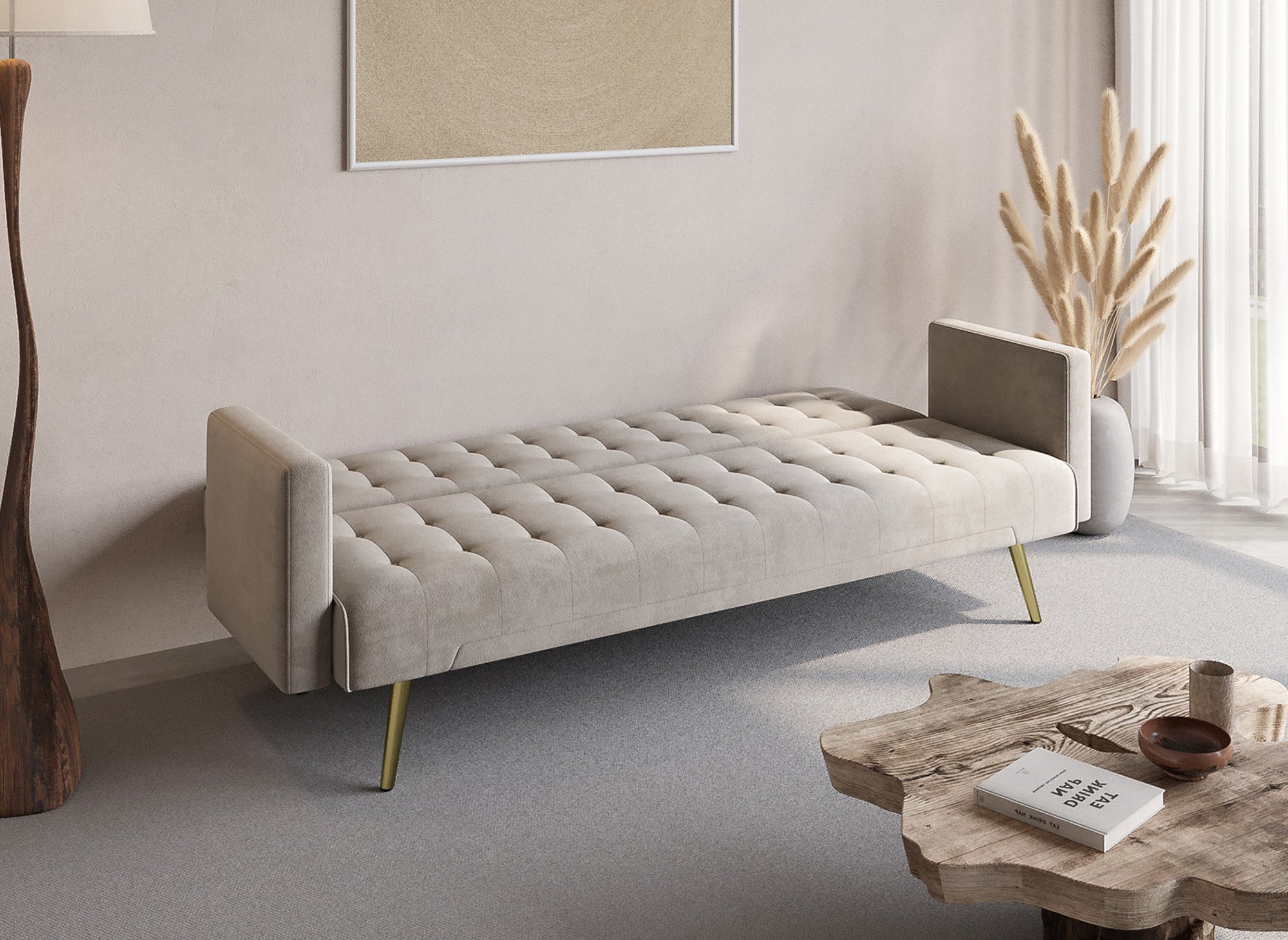 Sofá CHICAGO de terciopelo beige con mecanismo clic-clac y patas de metal dorado