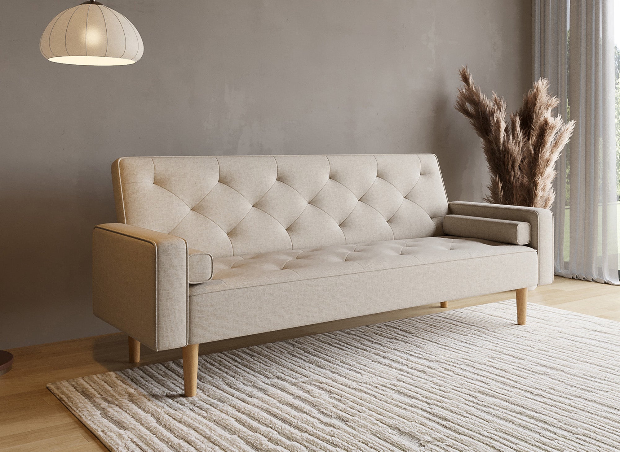 Sofá JAKARTA de tela beige con mecanismo clic-clac y patas de madera