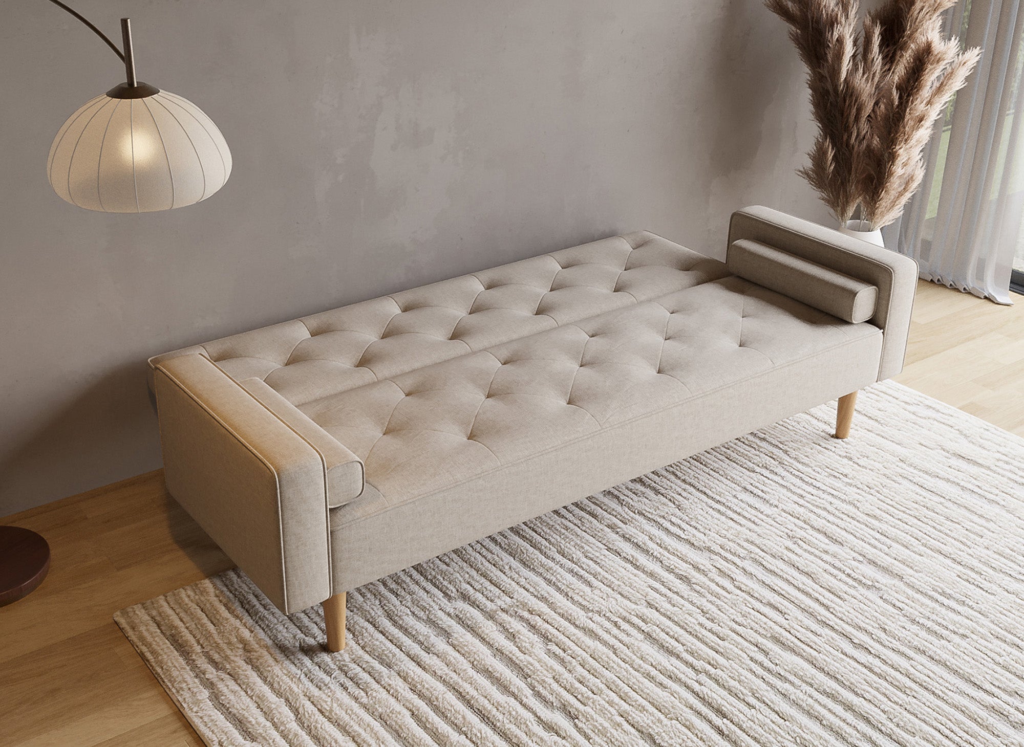 Sofá JAKARTA de tela beige con mecanismo clic-clac y patas de madera