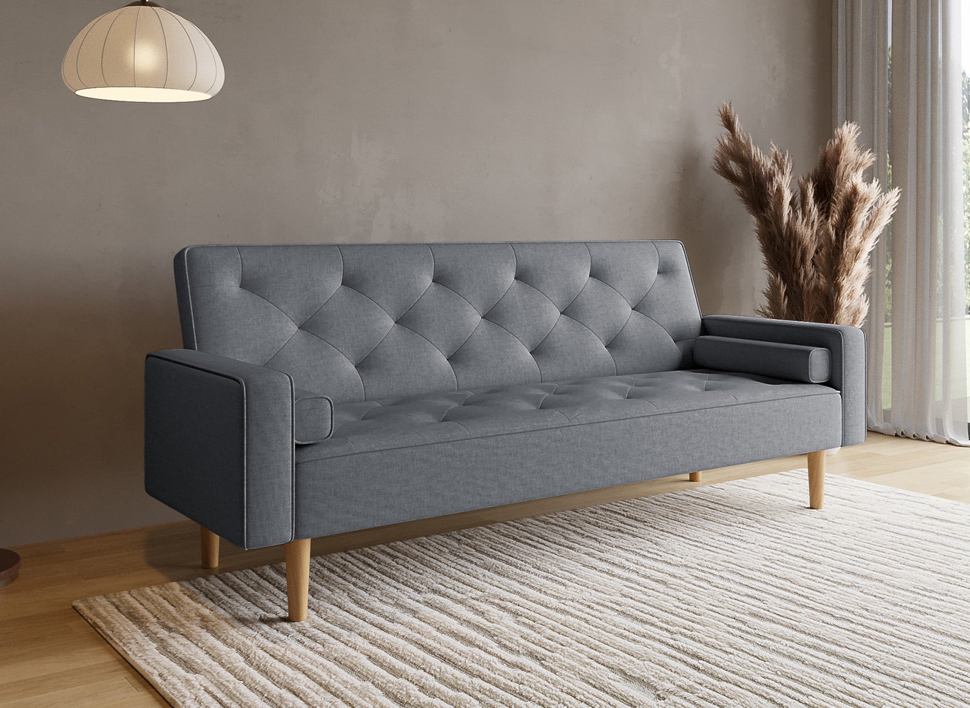 Sofá JAKARTA de tela gris oscuro con mecanismo clic-clac y patas de madera