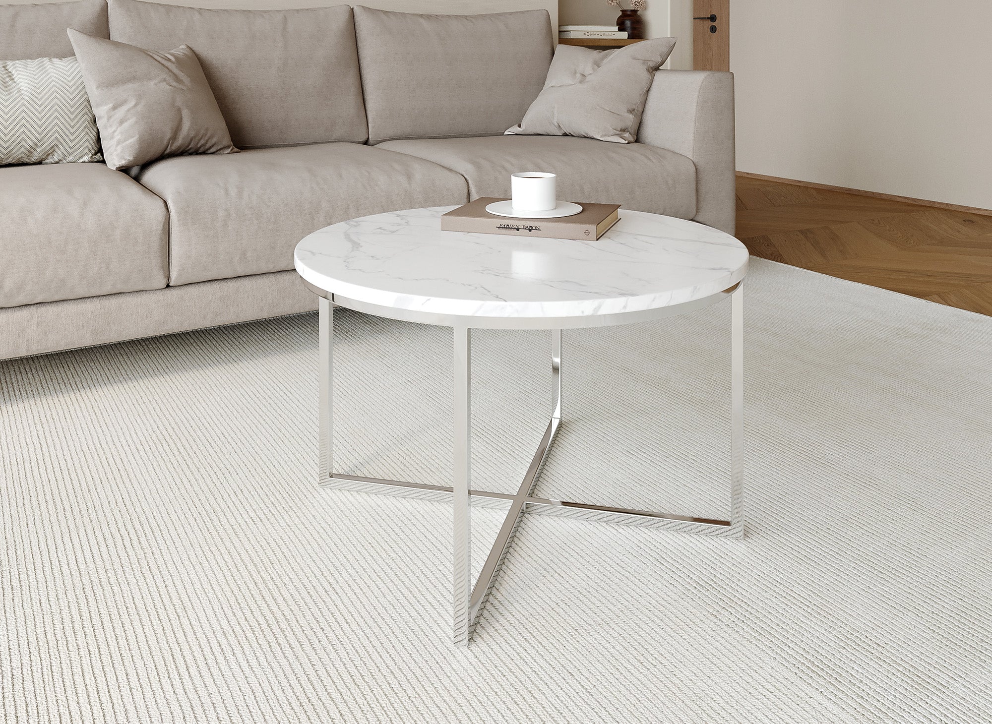 Mesa de centro redonda ROYCE con efecto mármol y patas cromadas