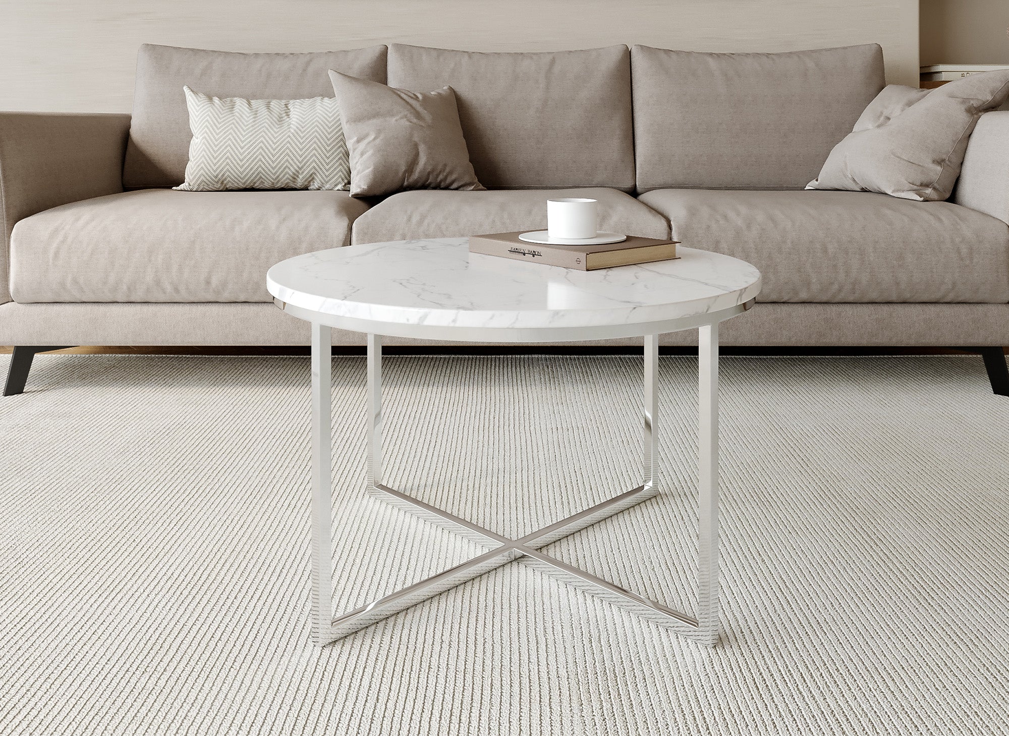 Mesa de centro redonda ROYCE con efecto mármol y patas cromadas