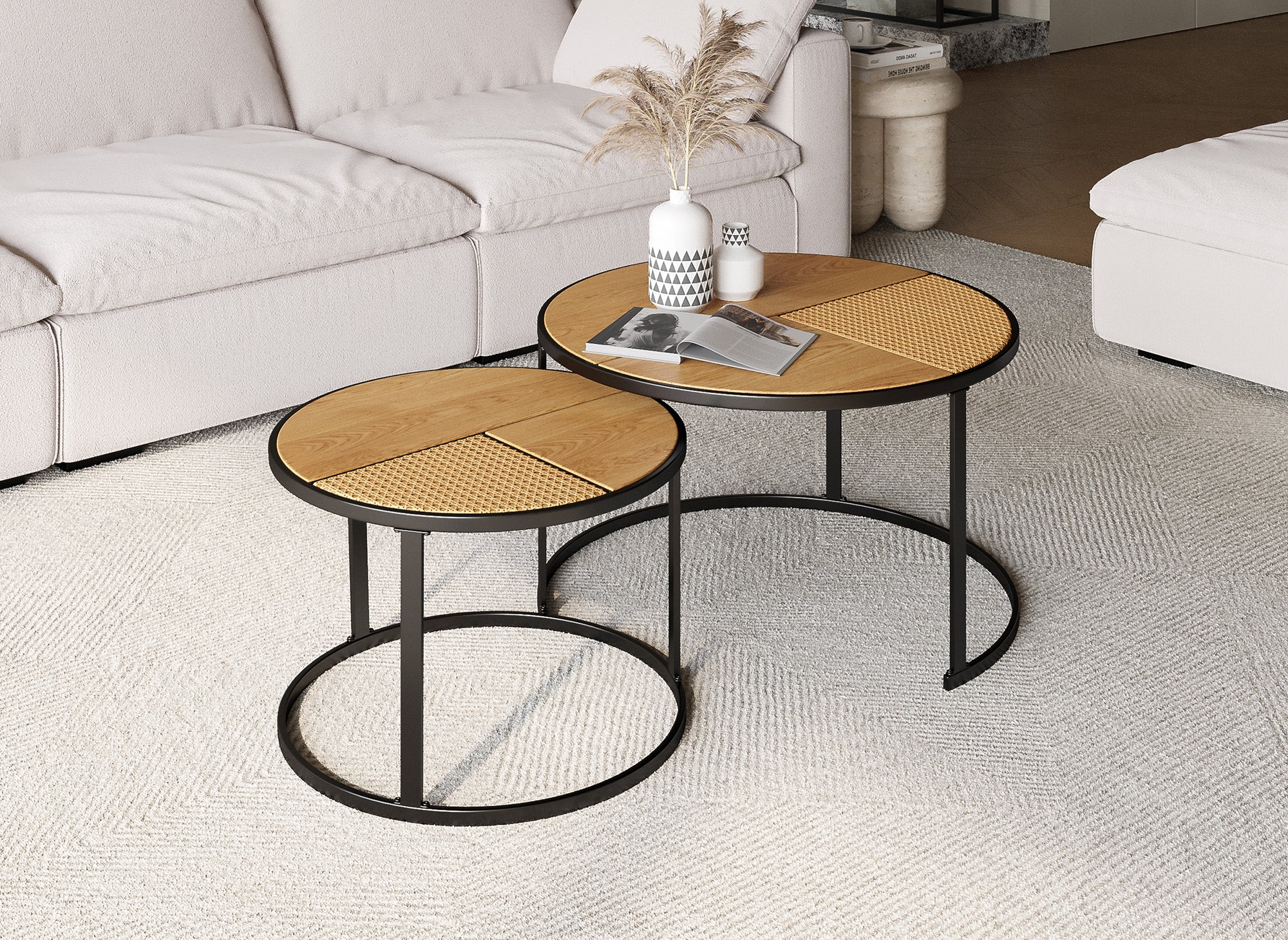 Juego de 2 mesas de centro redondas apilables JOTA con efecto ratán