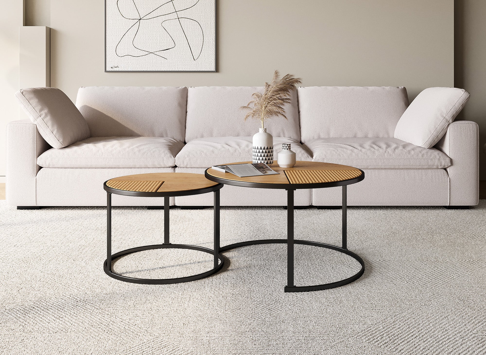 Juego de 2 mesas de centro redondas apilables JOTA con efecto ratán