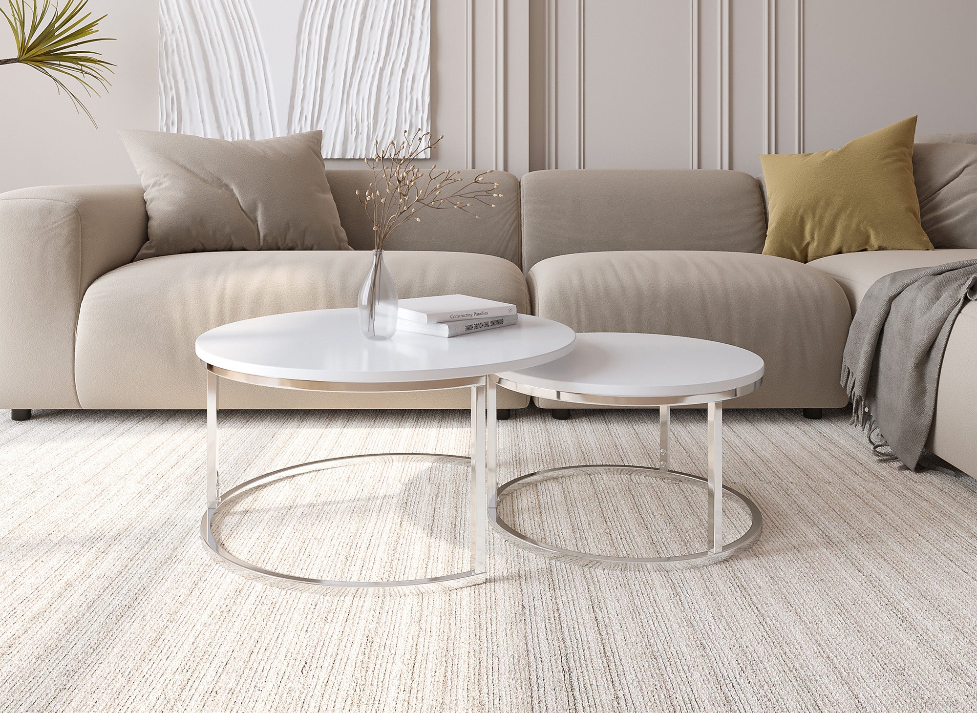 Juego de 2 mesas de centro redondas blancas apilables con patas cromadas RONY