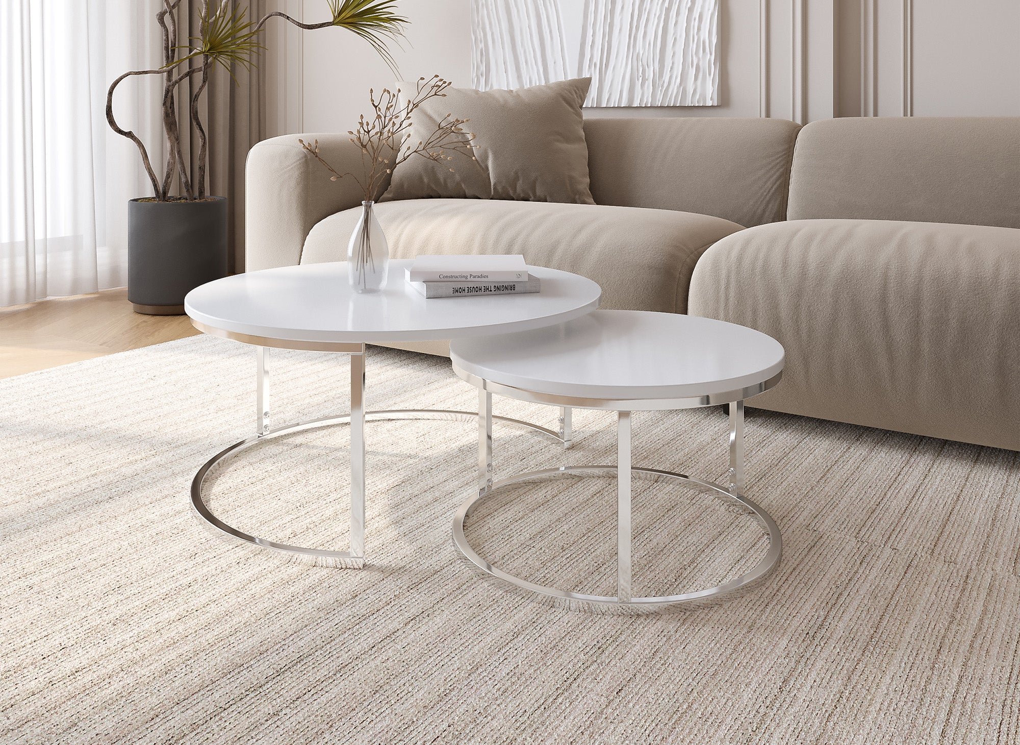 Juego de 2 mesas de centro redondas blancas apilables con patas cromadas RONY